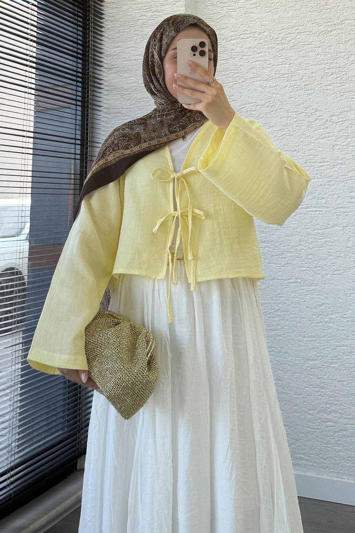Önden Bağlamalı Kısa Müslin Kimono - Sarı