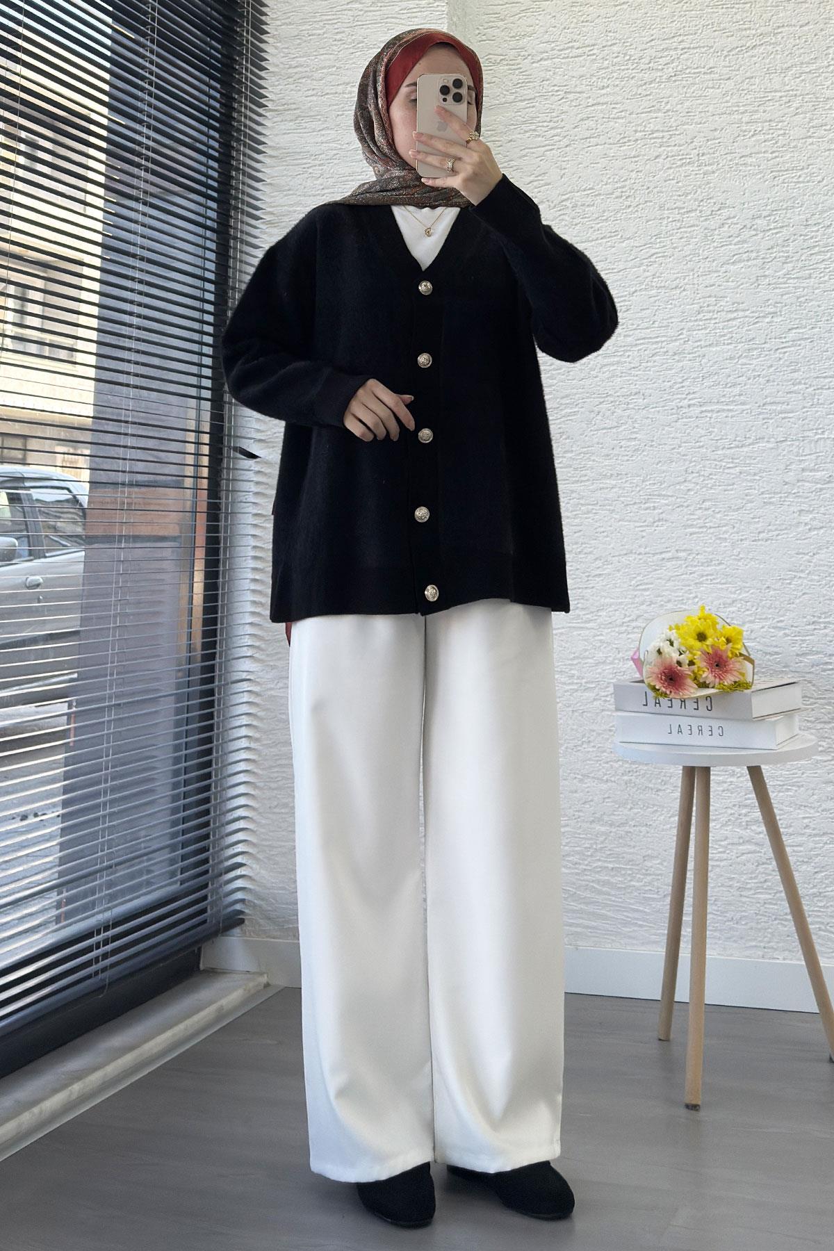 Önden Düğmeli Triko Kadın Hırka – Siyah