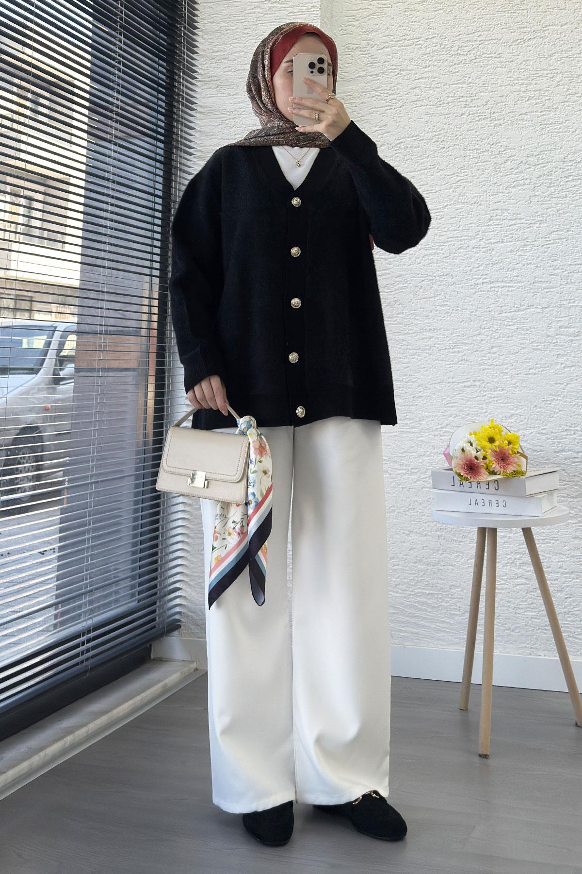 Önden Düğmeli Triko Kadın Hırka – Siyah