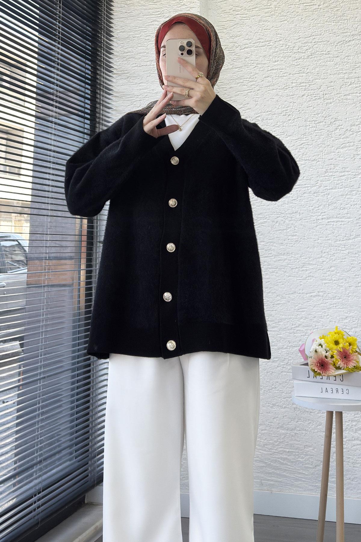 Önden Düğmeli Triko Kadın Hırka – Siyah