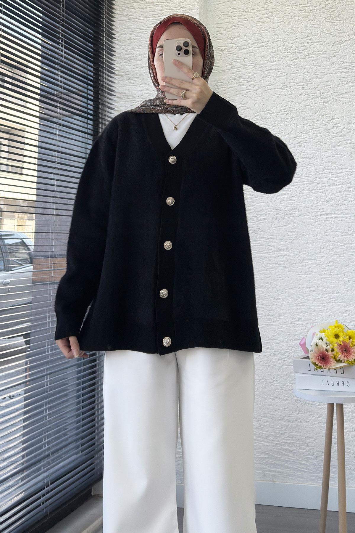 Önden Düğmeli Triko Kadın Hırka – Siyah