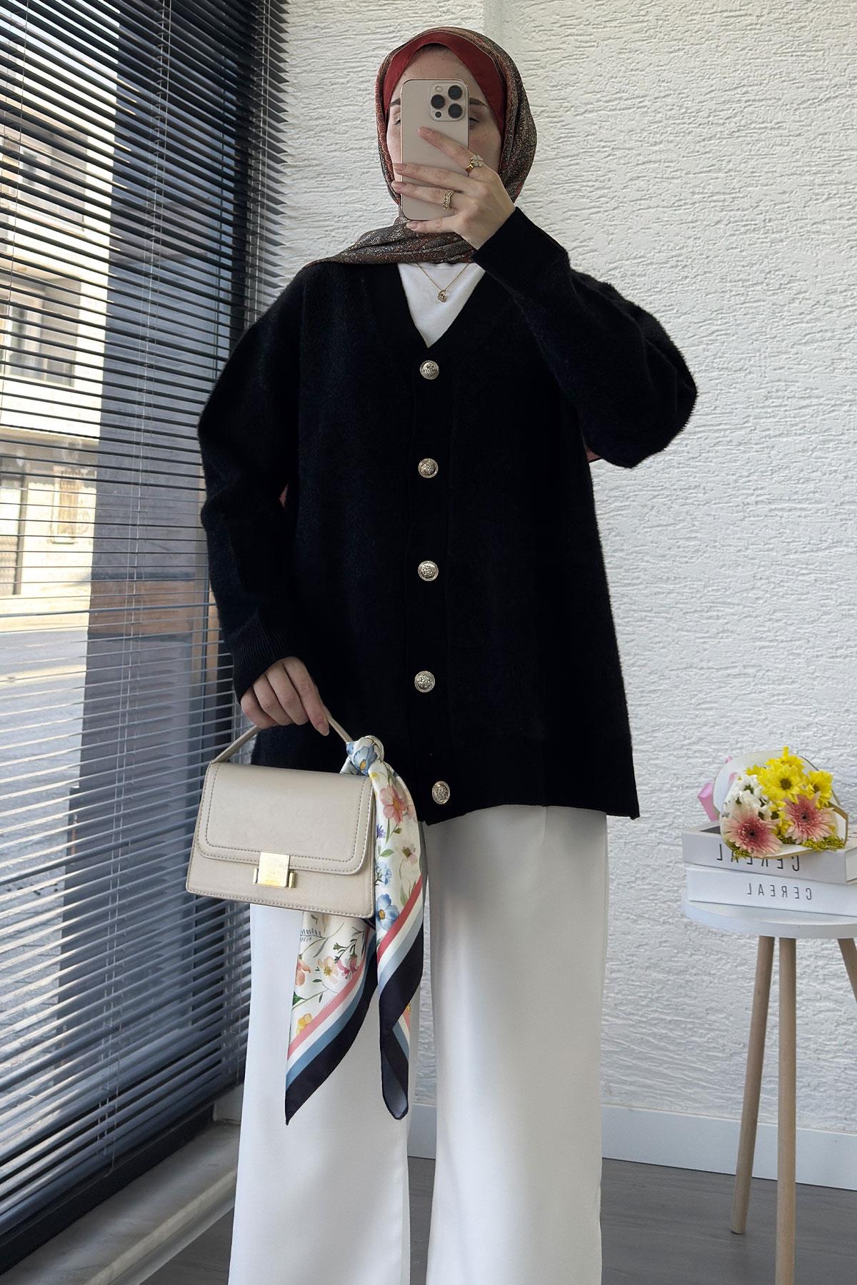 Önden Düğmeli Triko Kadın Hırka – Siyah