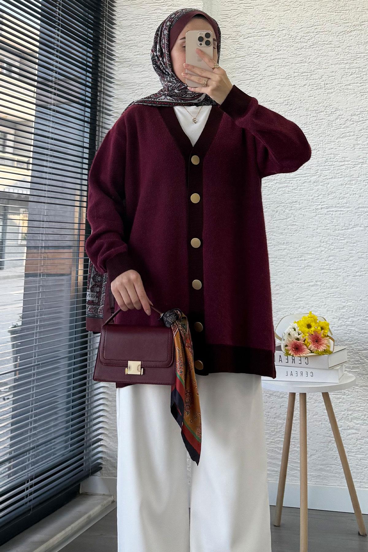 Önden Düğmeli Yumoş Kadın Hırka – Bordo