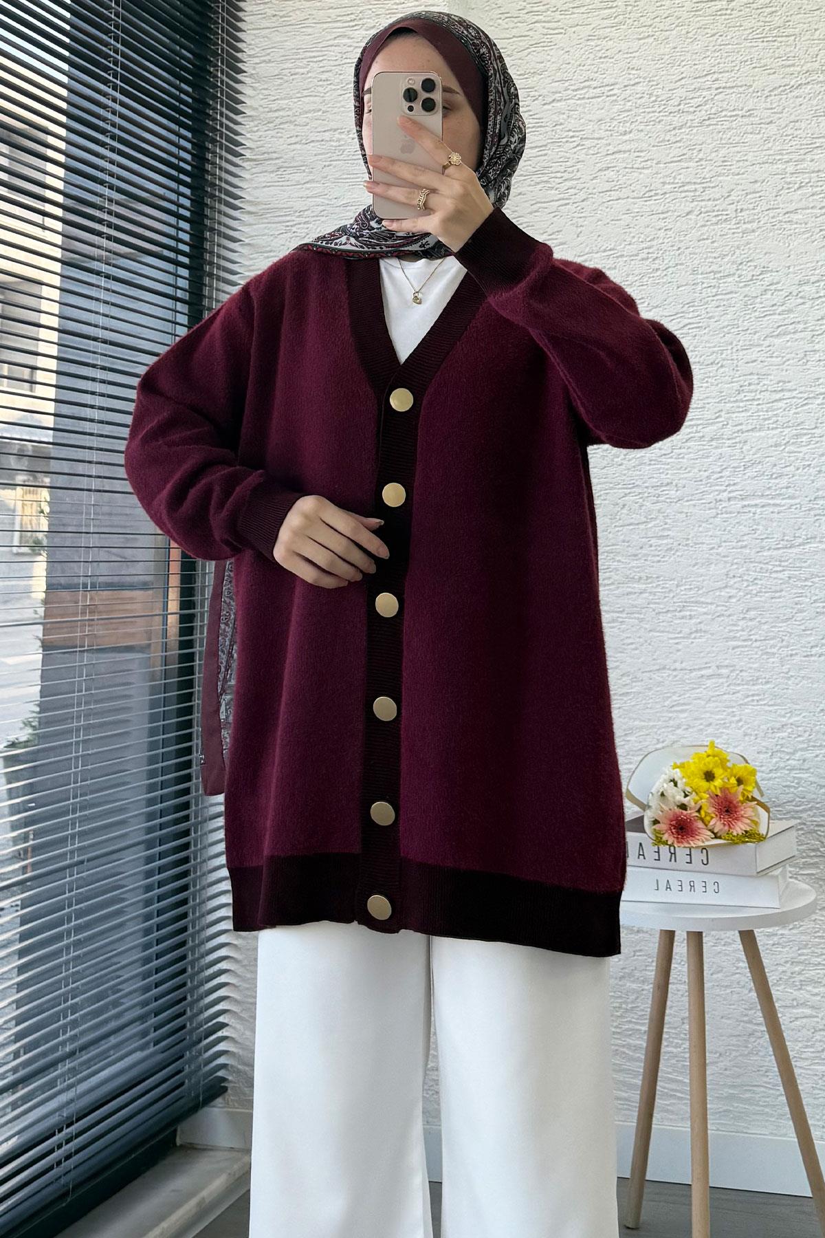 Önden Düğmeli Yumoş Kadın Hırka – Bordo