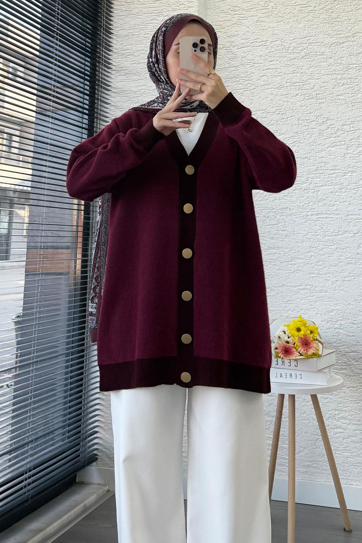 Önden Düğmeli Yumoş Kadın Hırka – Bordo