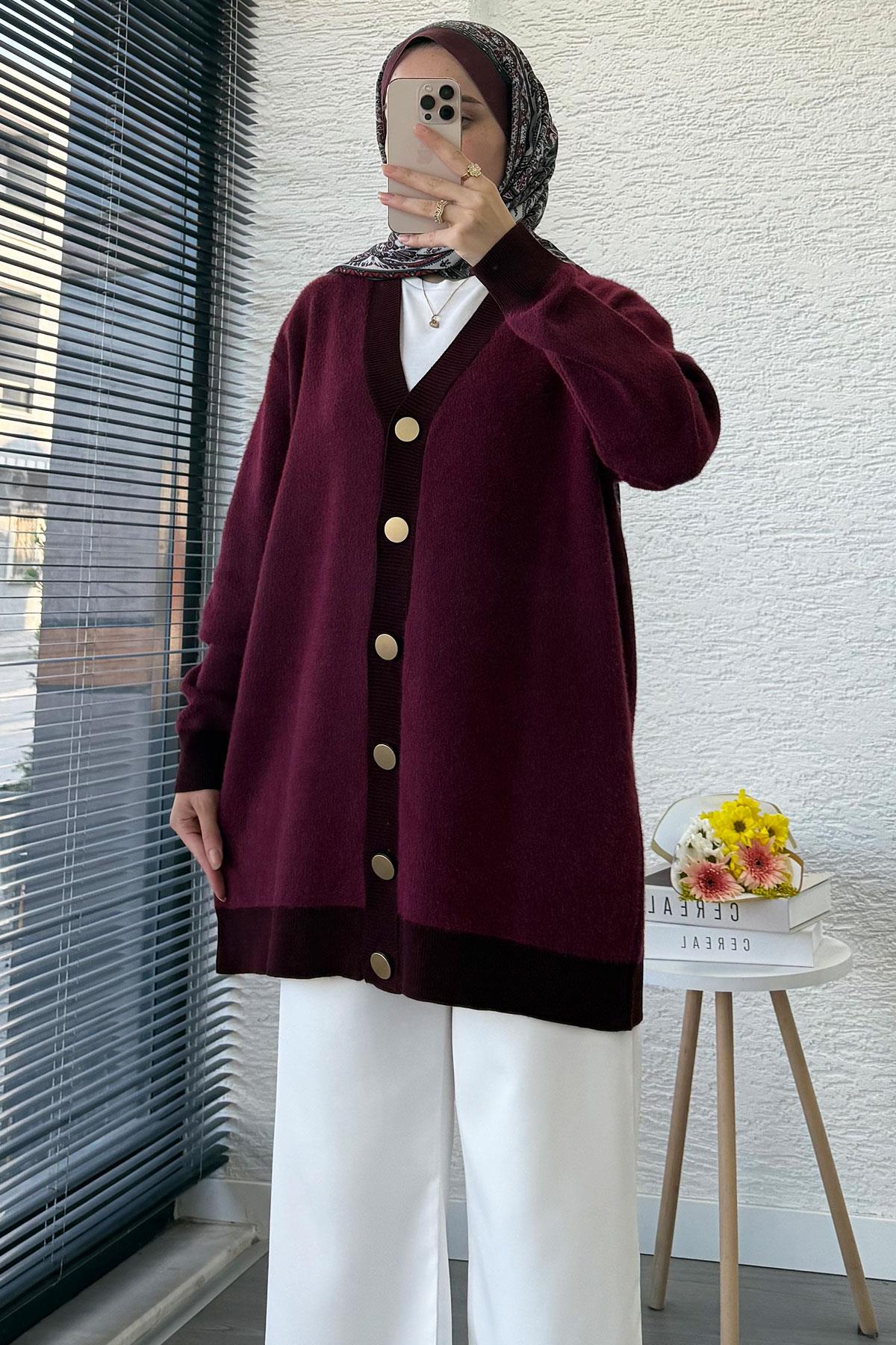 Önden Düğmeli Yumoş Kadın Hırka – Bordo