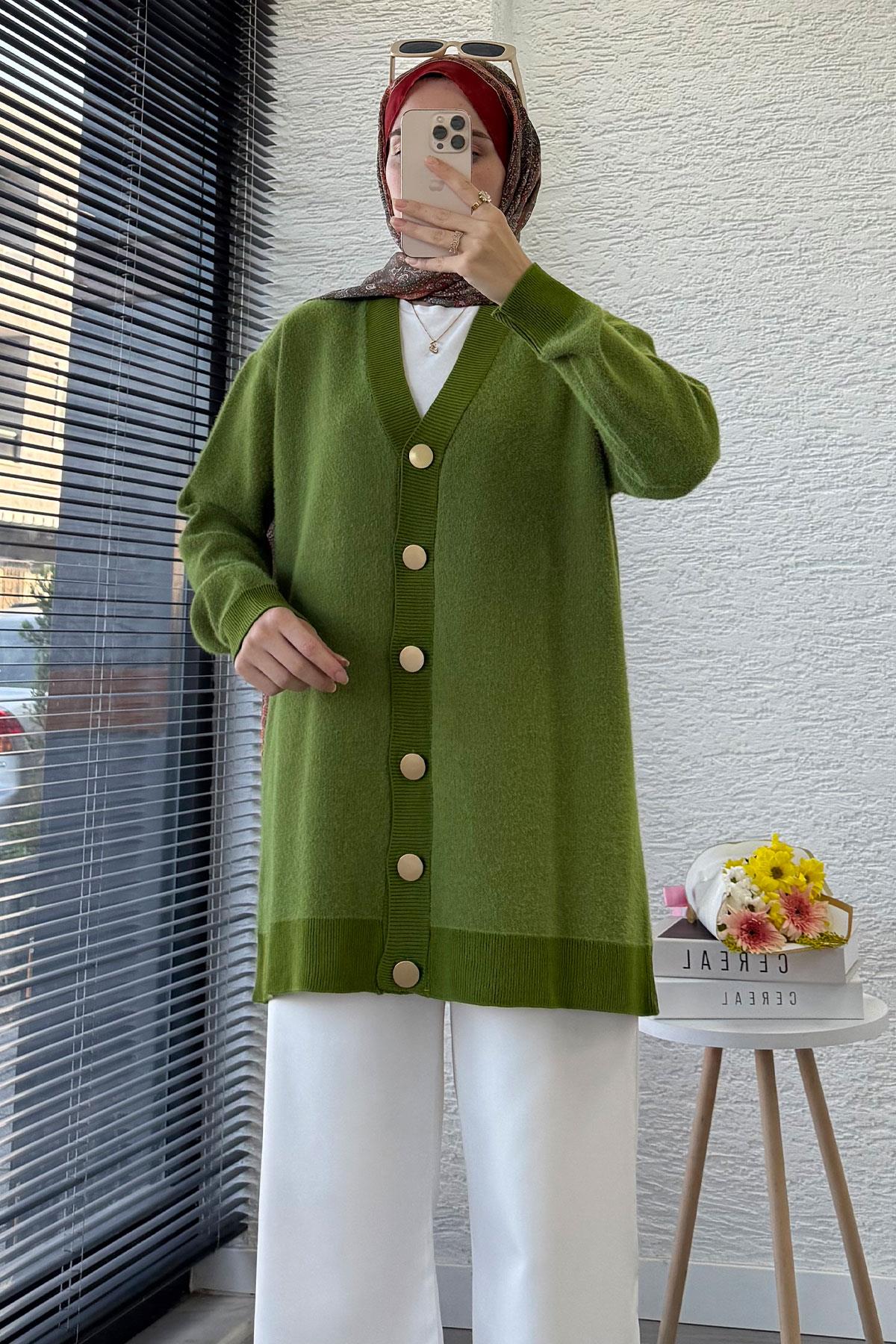 Önden Düğmeli Yumoş Kadın Hırka – Yeşil