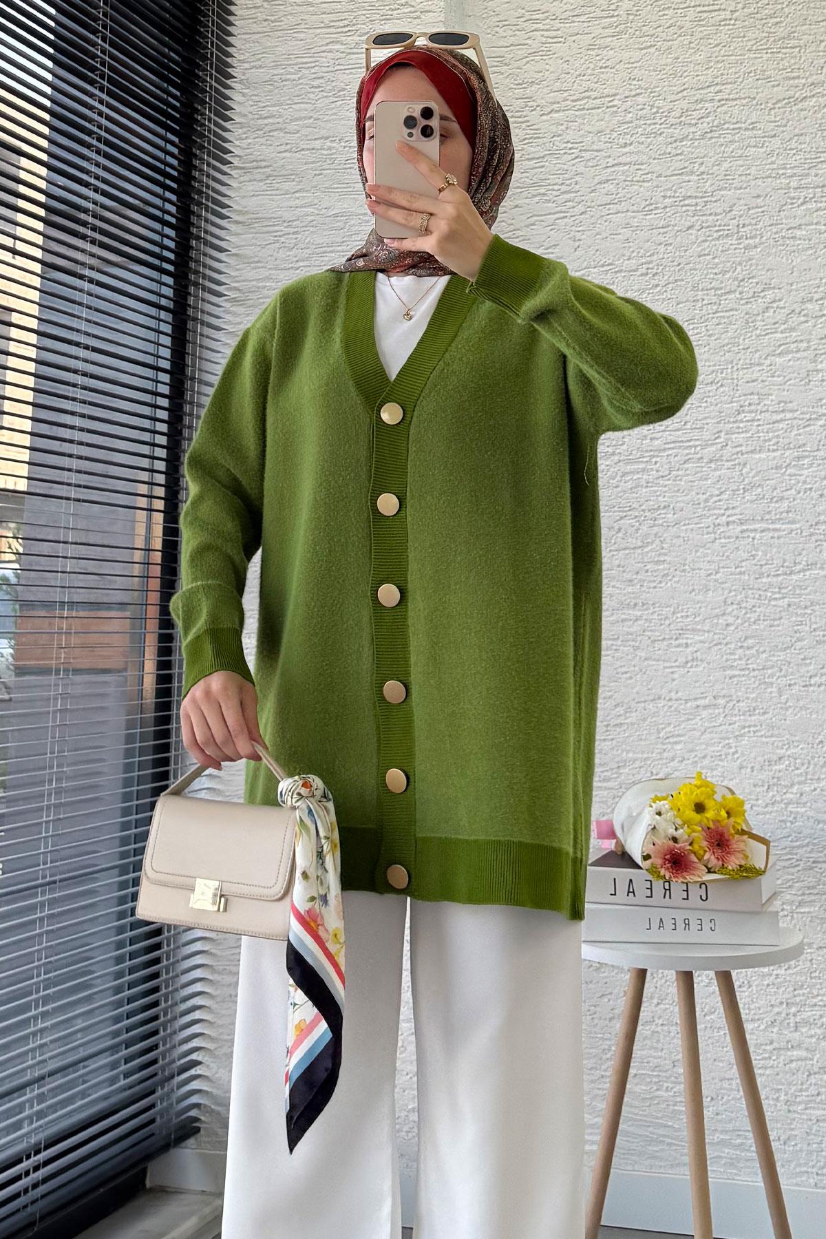 Önden Düğmeli Yumoş Kadın Hırka – Yeşil