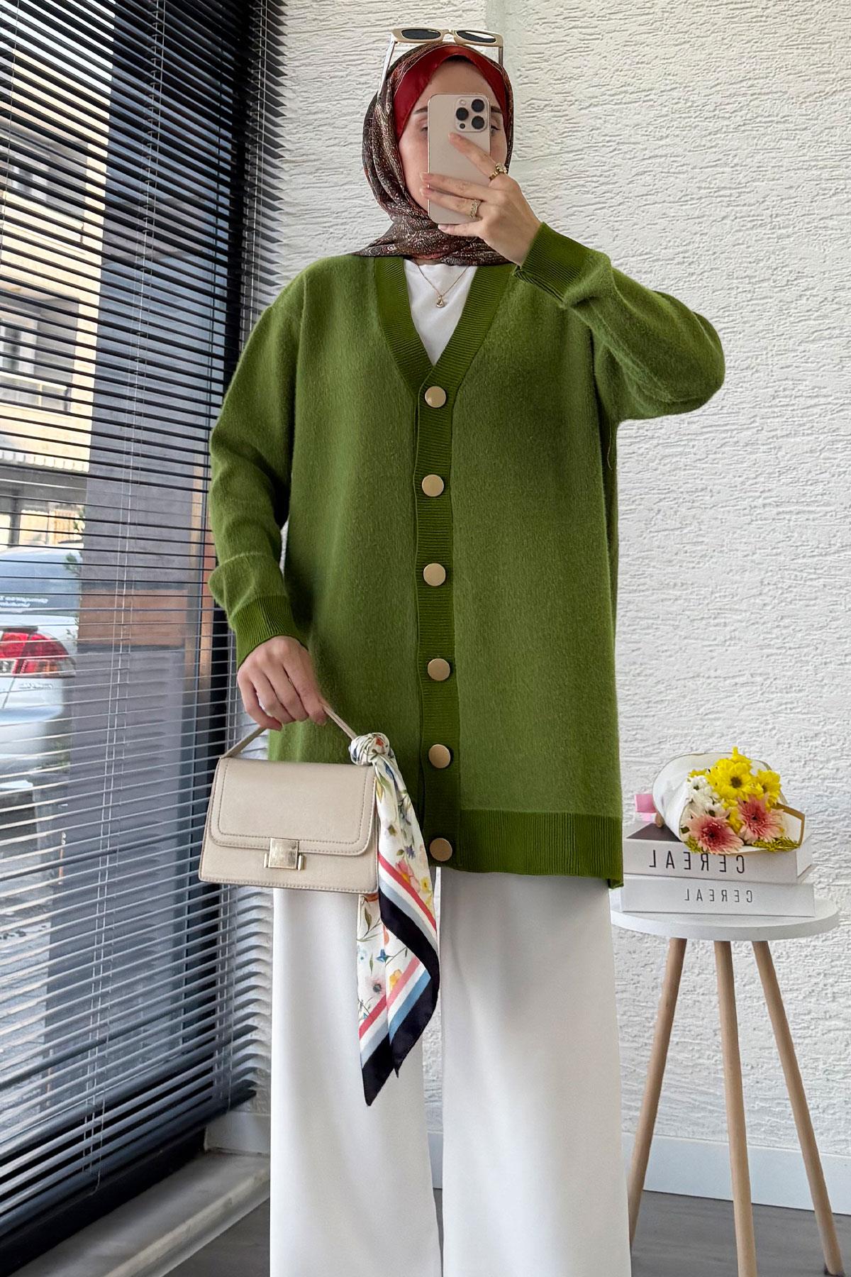 Önden Düğmeli Yumoş Kadın Hırka – Yeşil