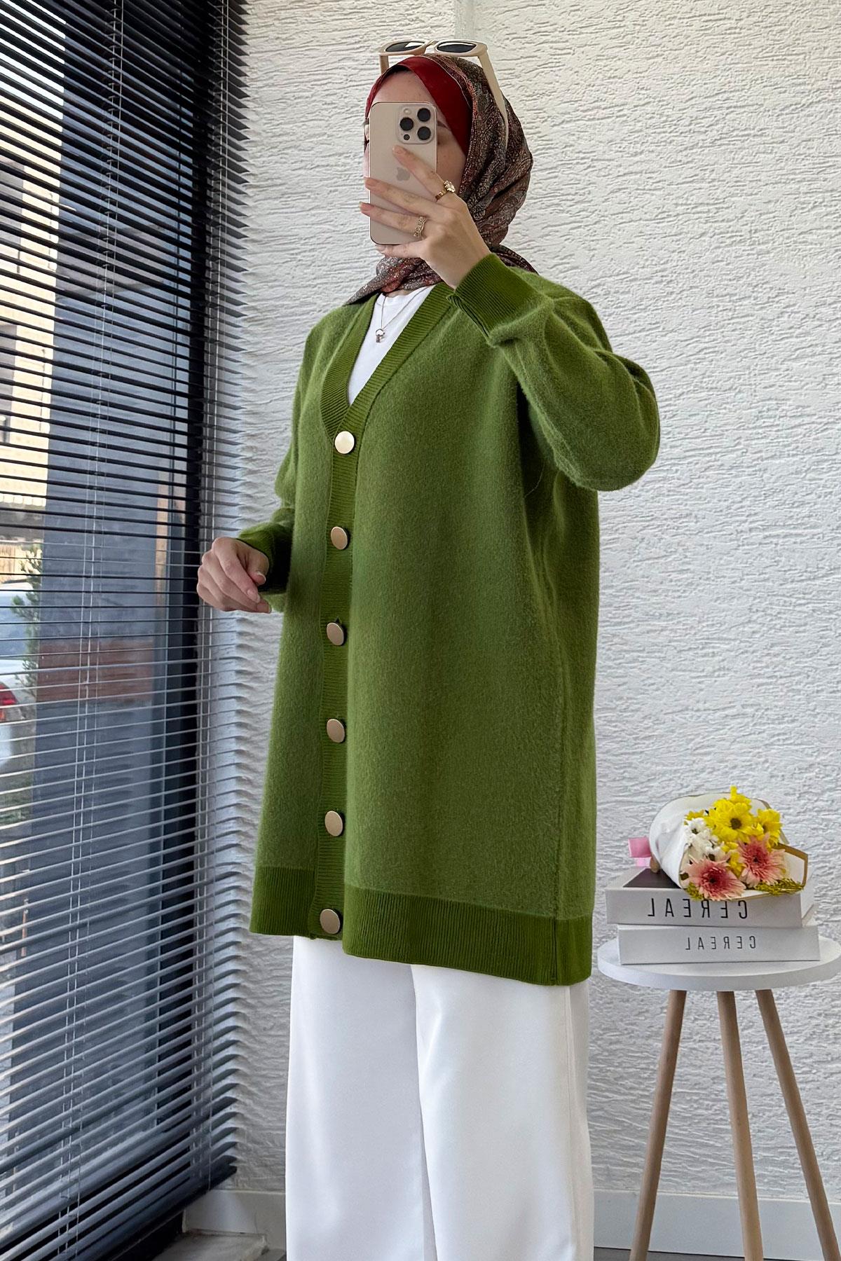 Önden Düğmeli Yumoş Kadın Hırka – Yeşil