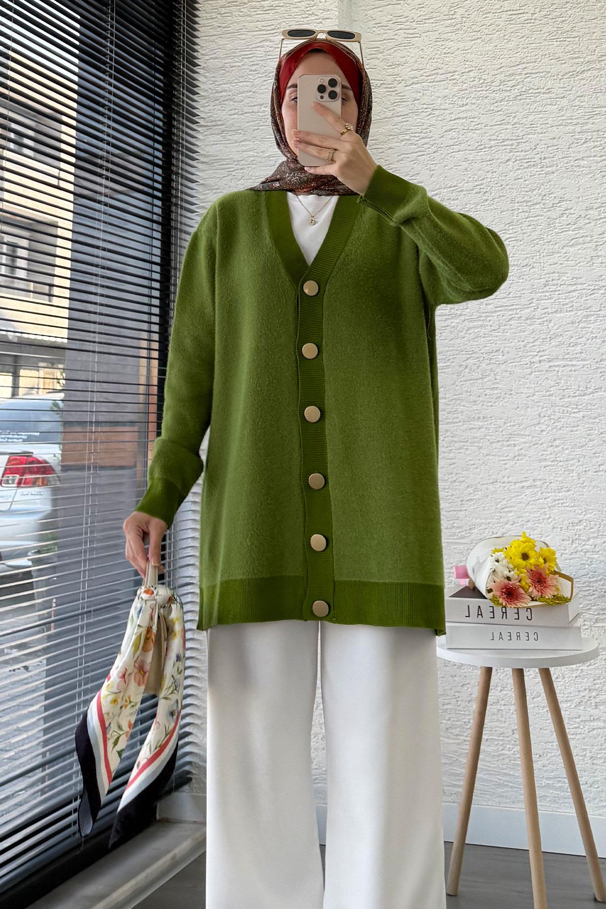 Önden Düğmeli Yumoş Kadın Hırka – Yeşil