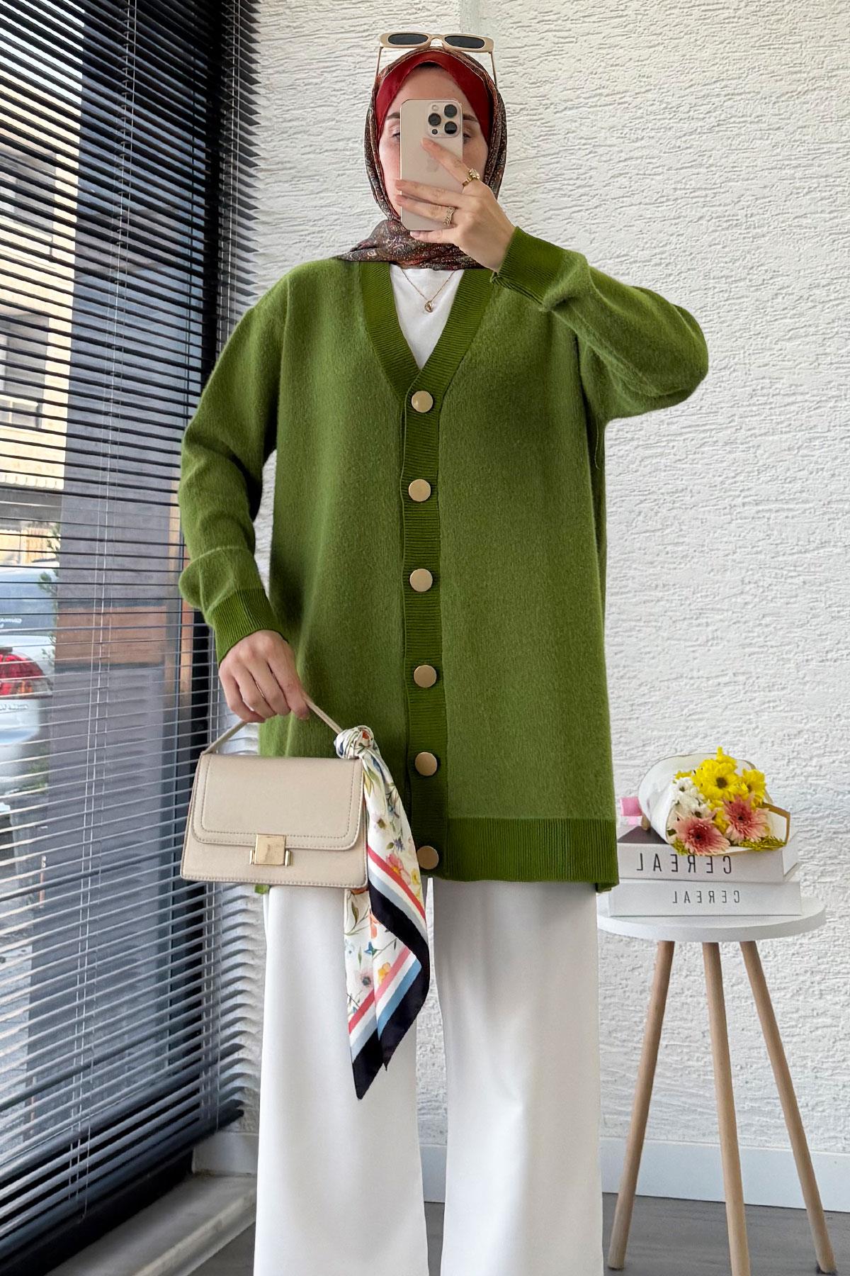 Önden Düğmeli Yumoş Kadın Hırka – Yeşil