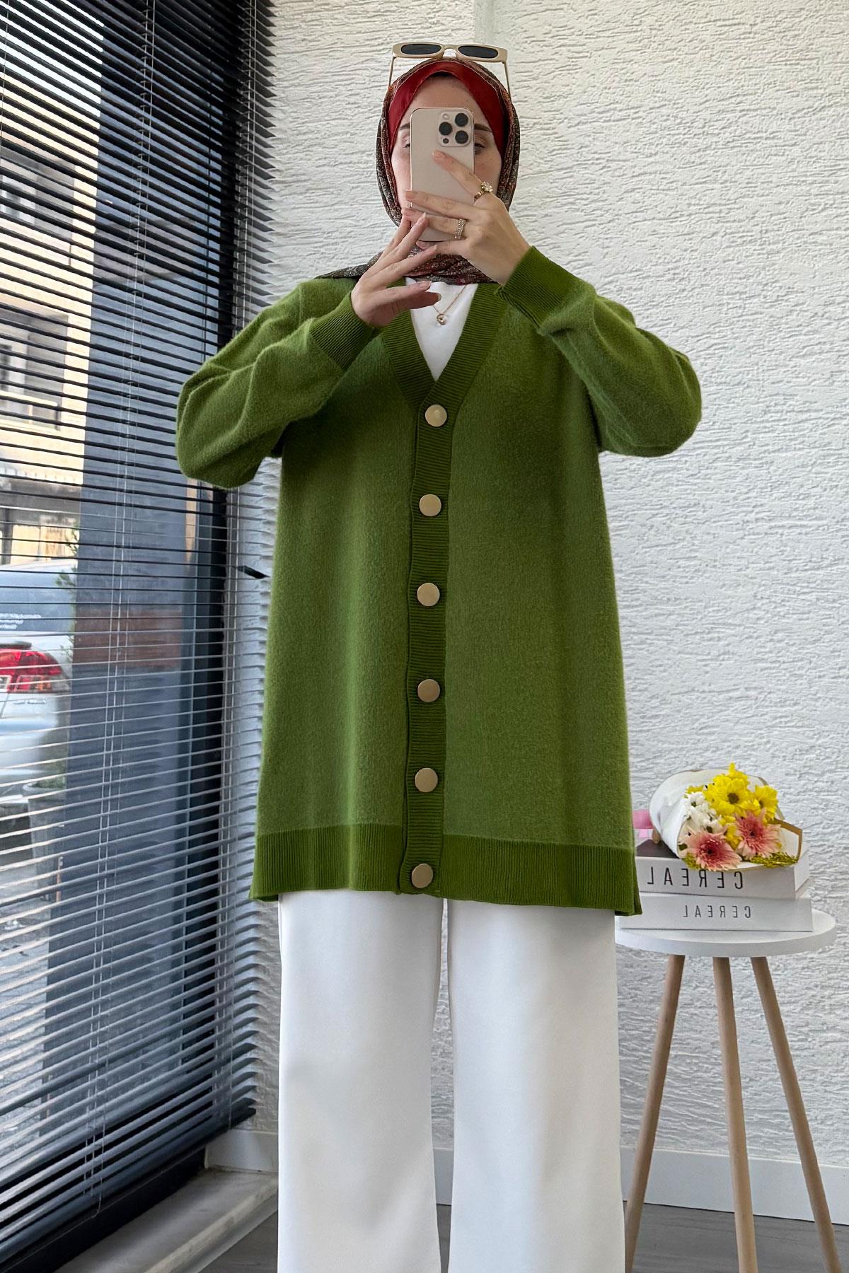 Önden Düğmeli Yumoş Kadın Hırka – Yeşil