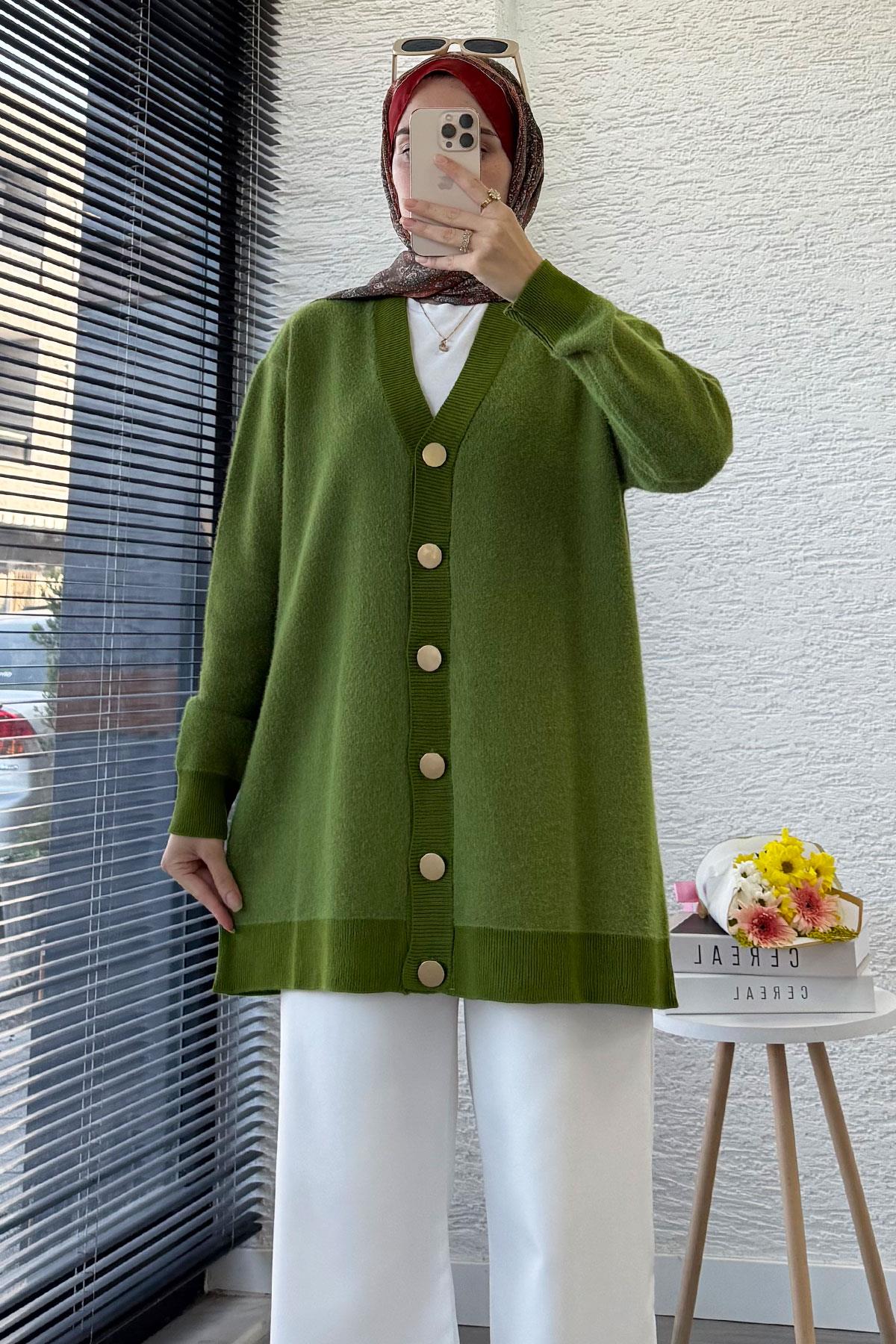 Önden Düğmeli Yumoş Kadın Hırka – Yeşil