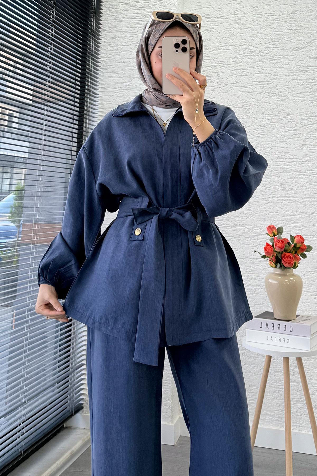 Önden Fermuarlı Hakim Yaka Kadın İkili Takım - İndigo