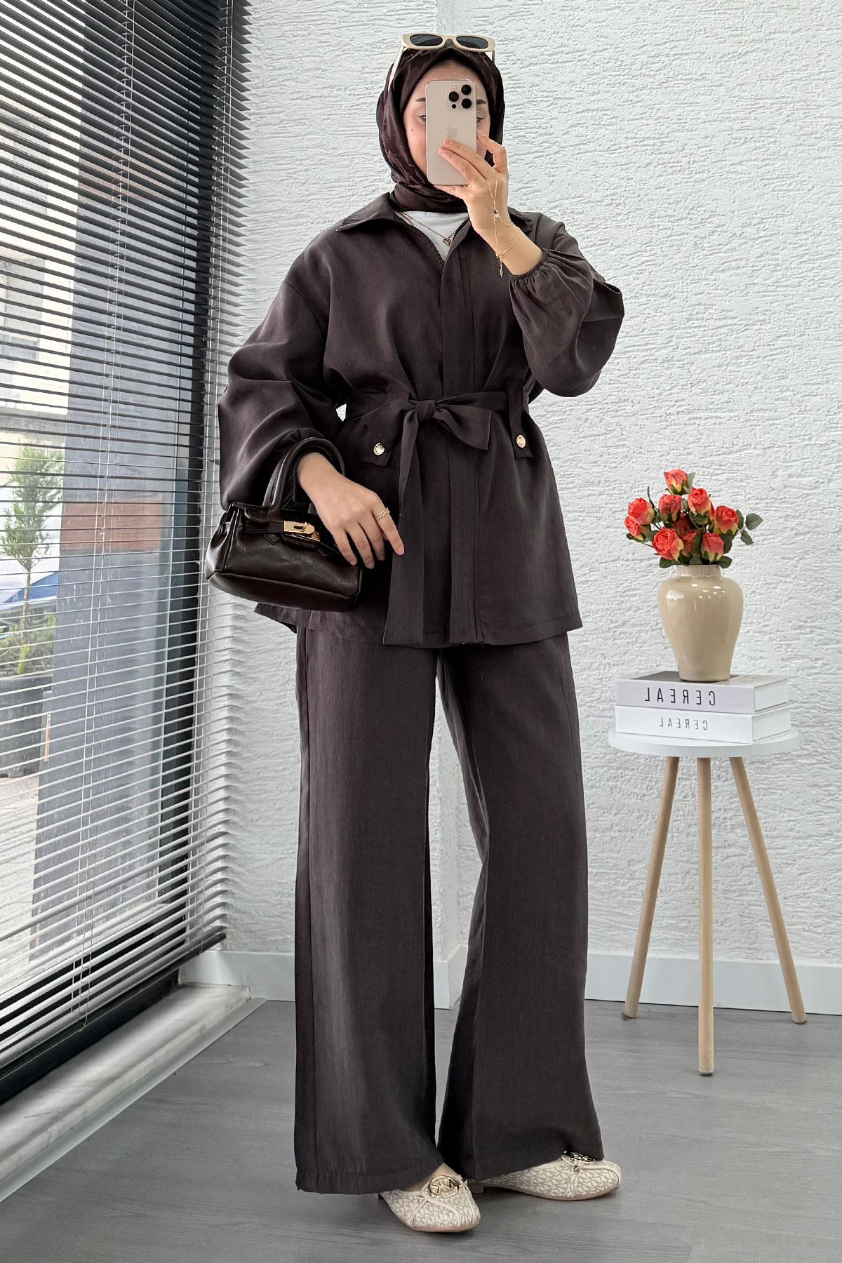 Önden Fermuarlı Hakim Yaka Kadın İkili Takım - Kahverengi