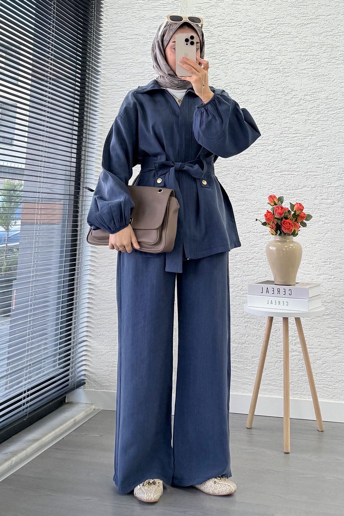 Önden Fermuarlı Hakim Yaka Kadın İkili Takım - İndigo