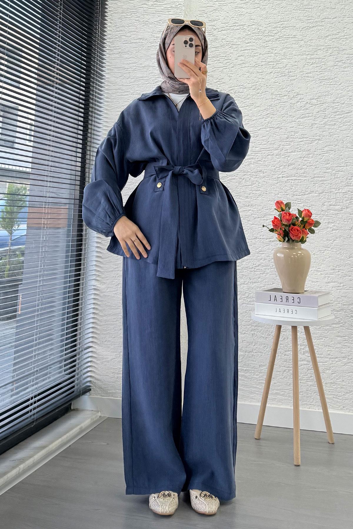 Önden Fermuarlı Hakim Yaka Kadın İkili Takım - İndigo
