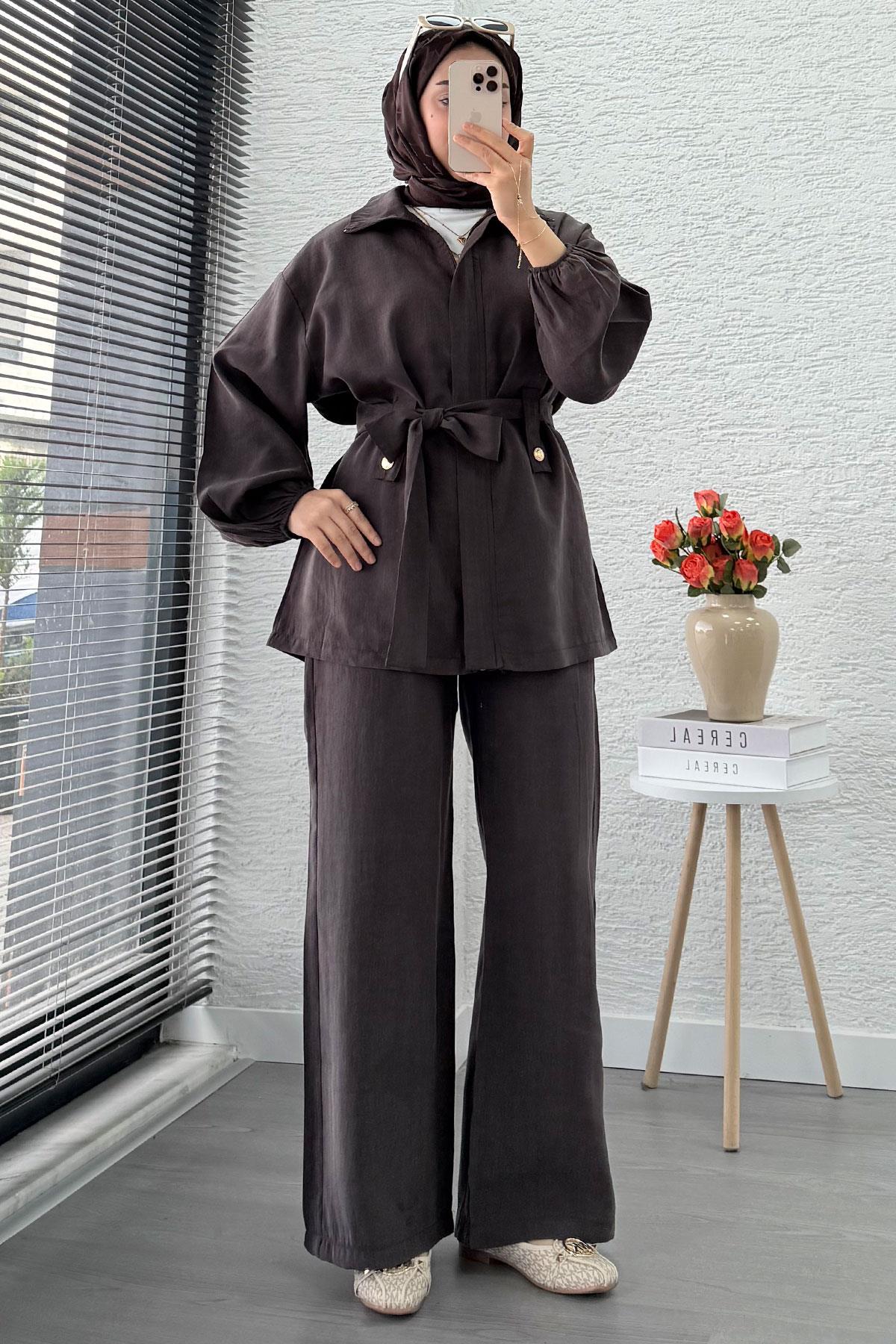 Önden Fermuarlı Hakim Yaka Kadın İkili Takım - Kahverengi