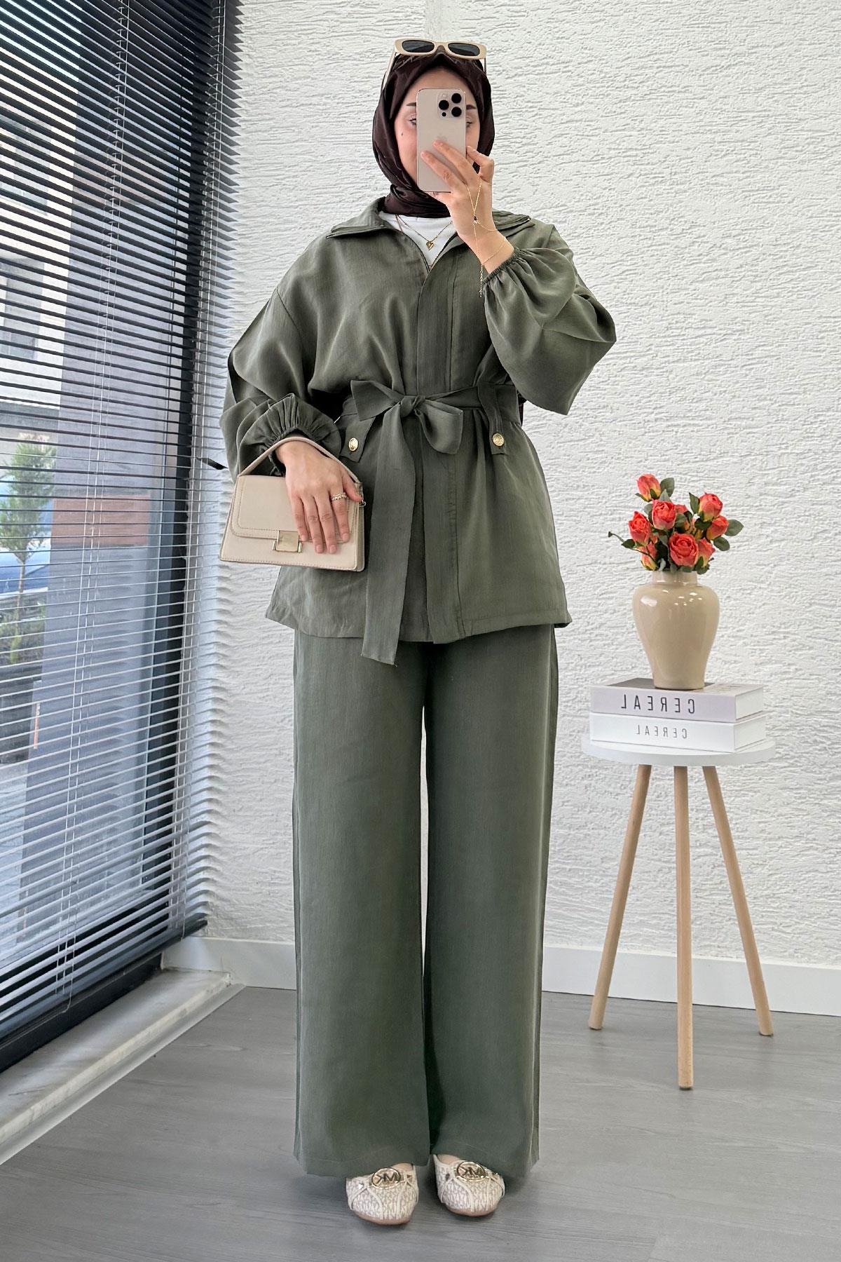 Önden Fermuarlı Hakim Yaka Kadın İkili Takım - Haki