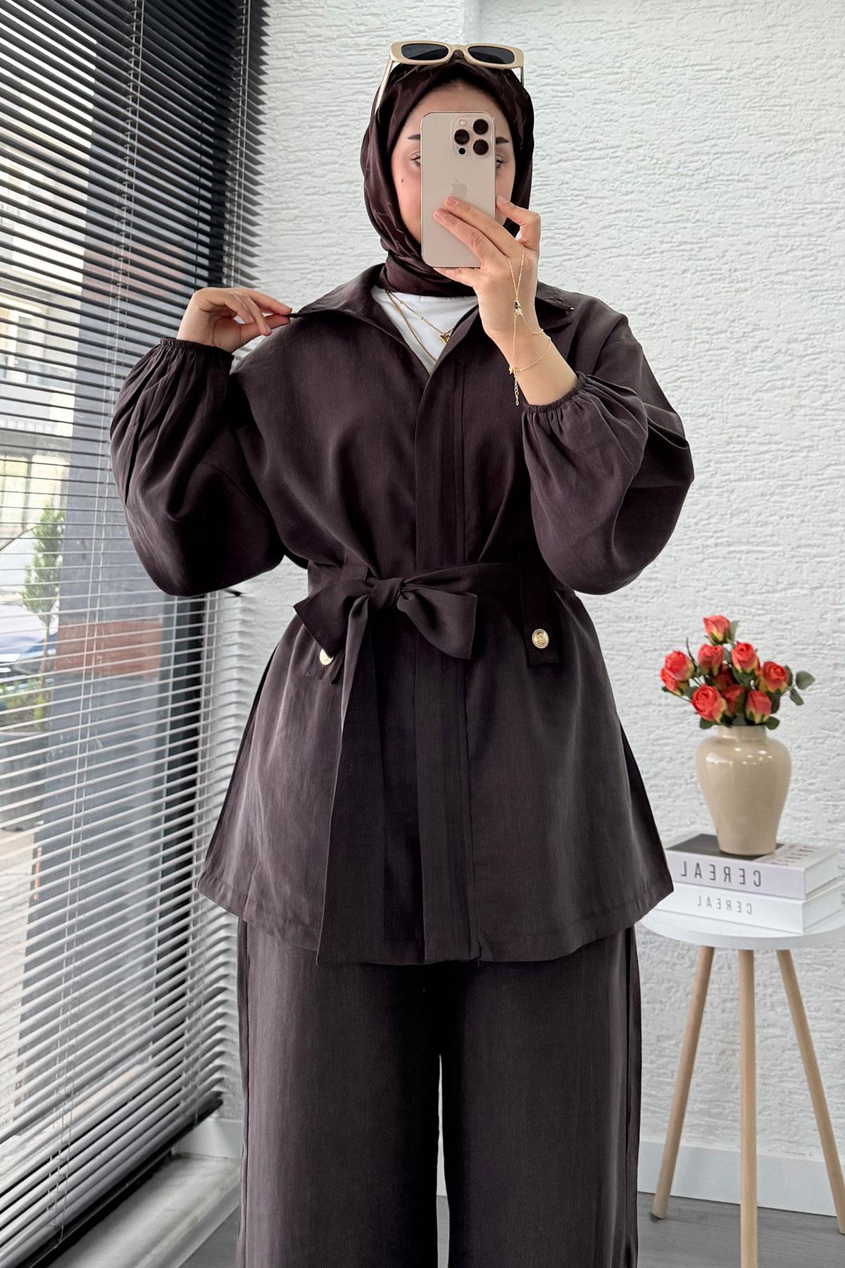 Önden Fermuarlı Hakim Yaka Kadın İkili Takım - Kahverengi