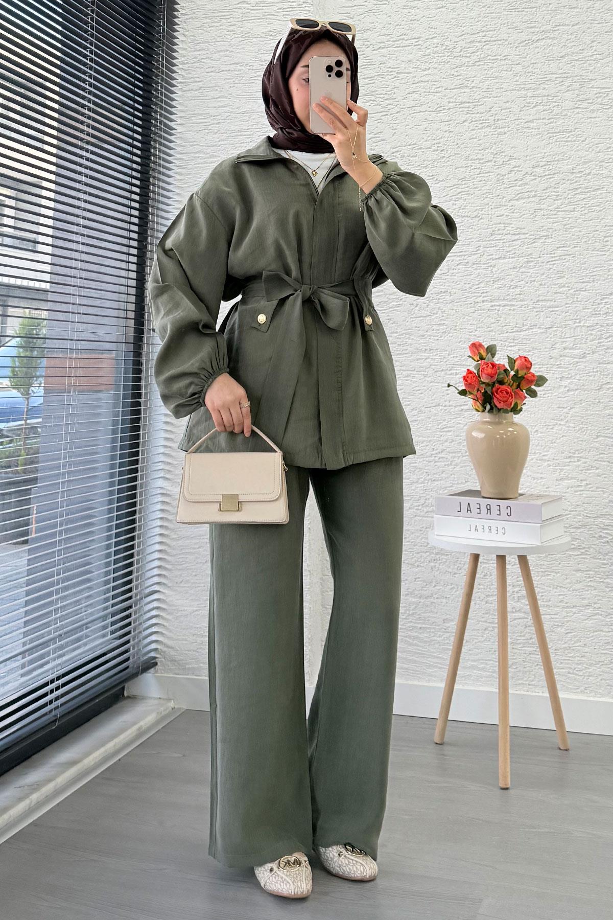 Önden Fermuarlı Hakim Yaka Kadın İkili Takım - Haki