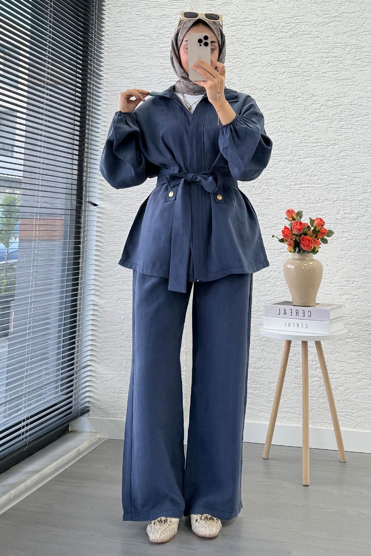 Önden Fermuarlı Hakim Yaka Kadın İkili Takım - İndigo