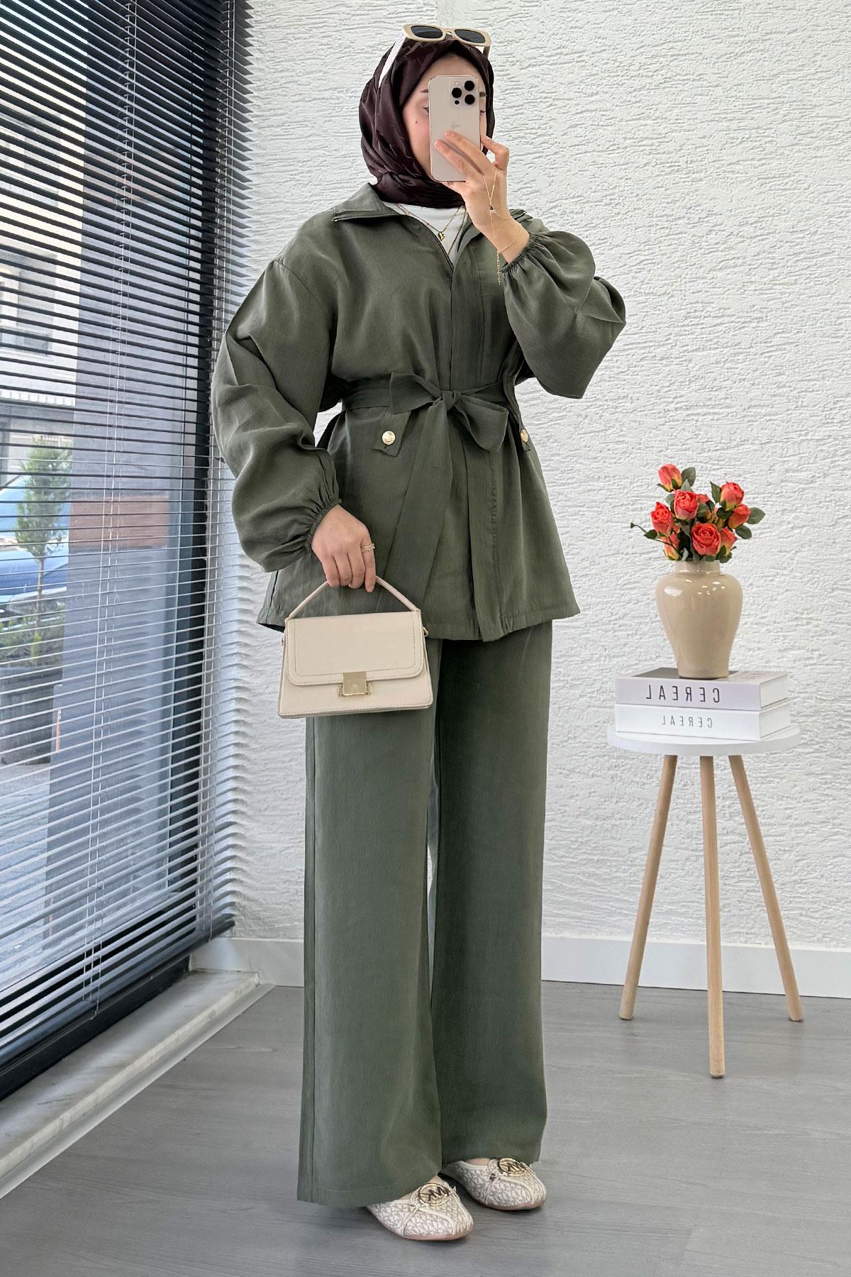 Önden Fermuarlı Hakim Yaka Kadın İkili Takım - Haki