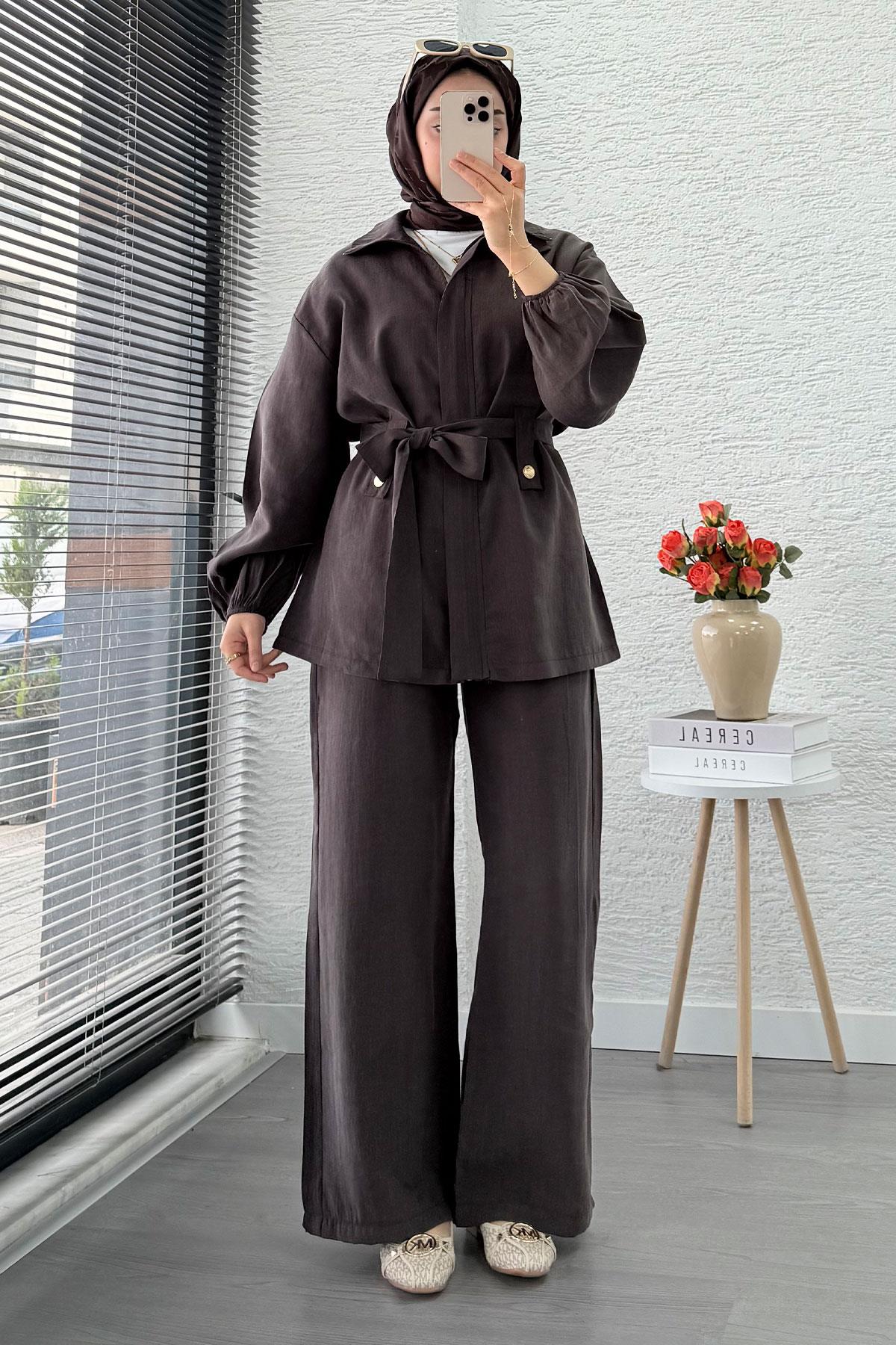 Önden Fermuarlı Hakim Yaka Kadın İkili Takım - Kahverengi