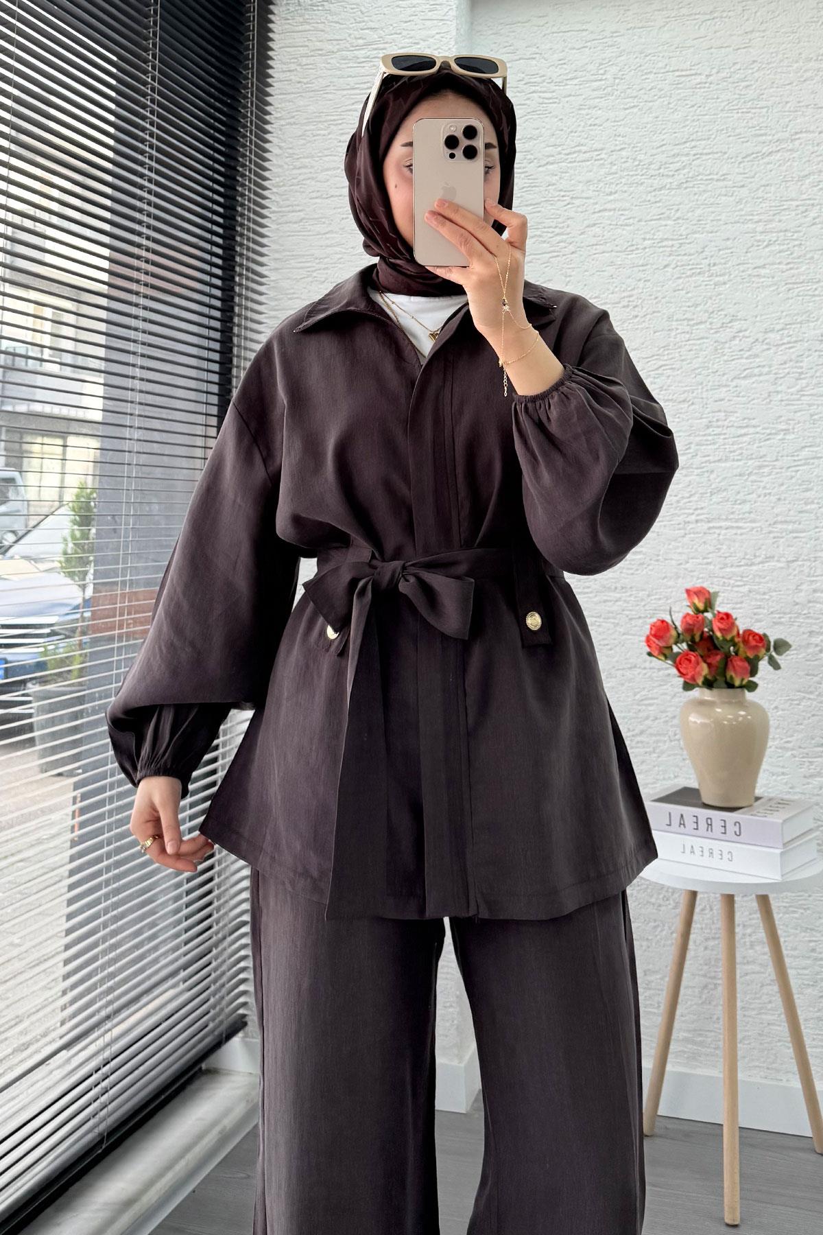 Önden Fermuarlı Hakim Yaka Kadın İkili Takım - Kahverengi