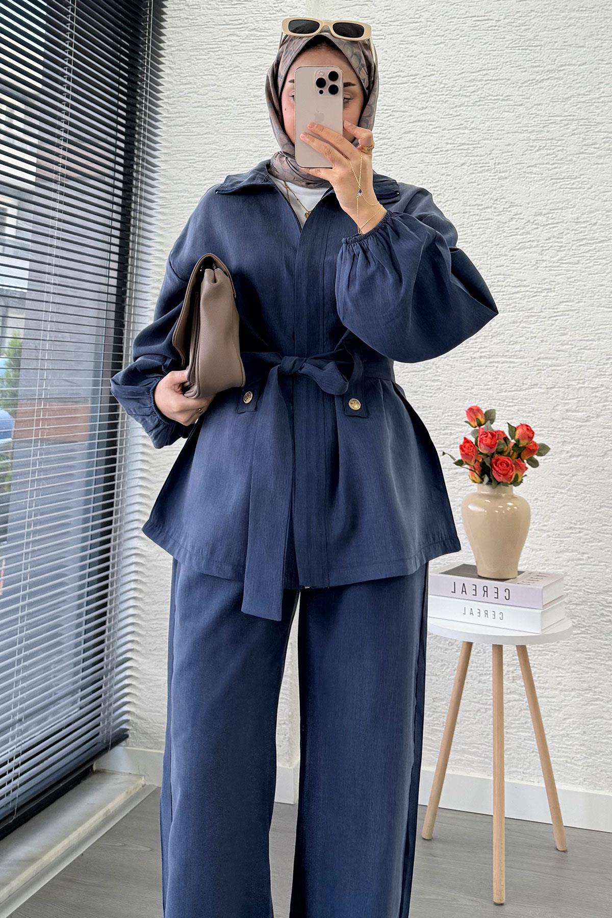 Önden Fermuarlı Hakim Yaka Kadın İkili Takım - İndigo