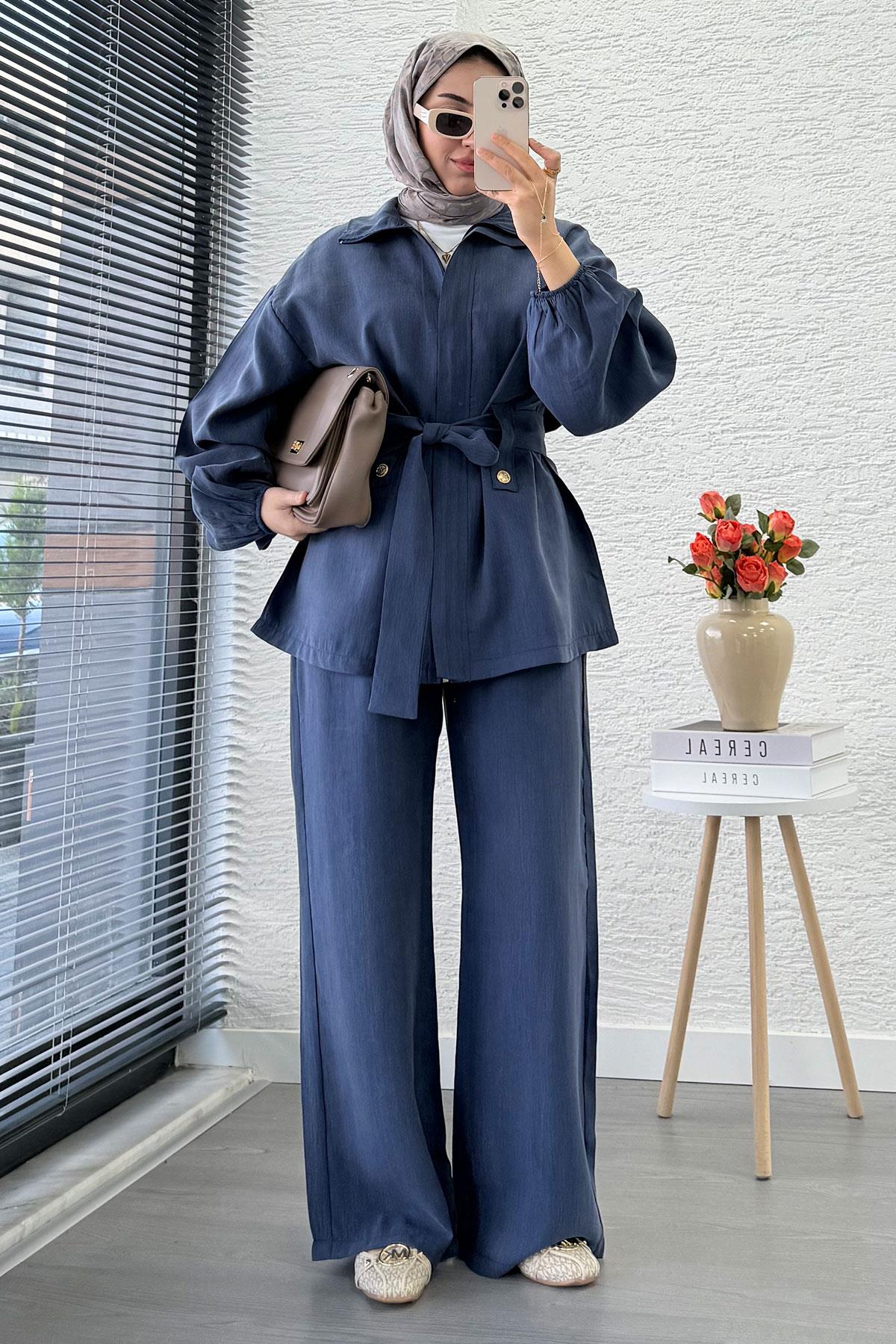 Önden Fermuarlı Hakim Yaka Kadın İkili Takım - İndigo