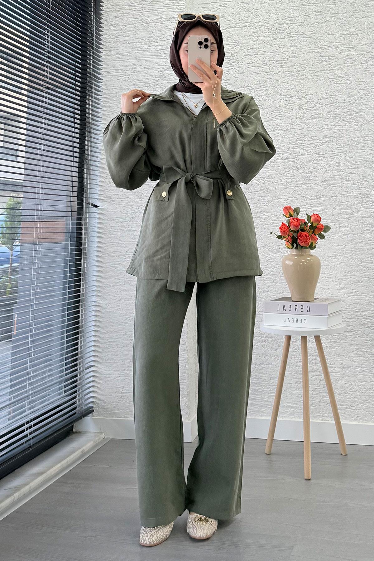 Önden Fermuarlı Hakim Yaka Kadın İkili Takım - Haki