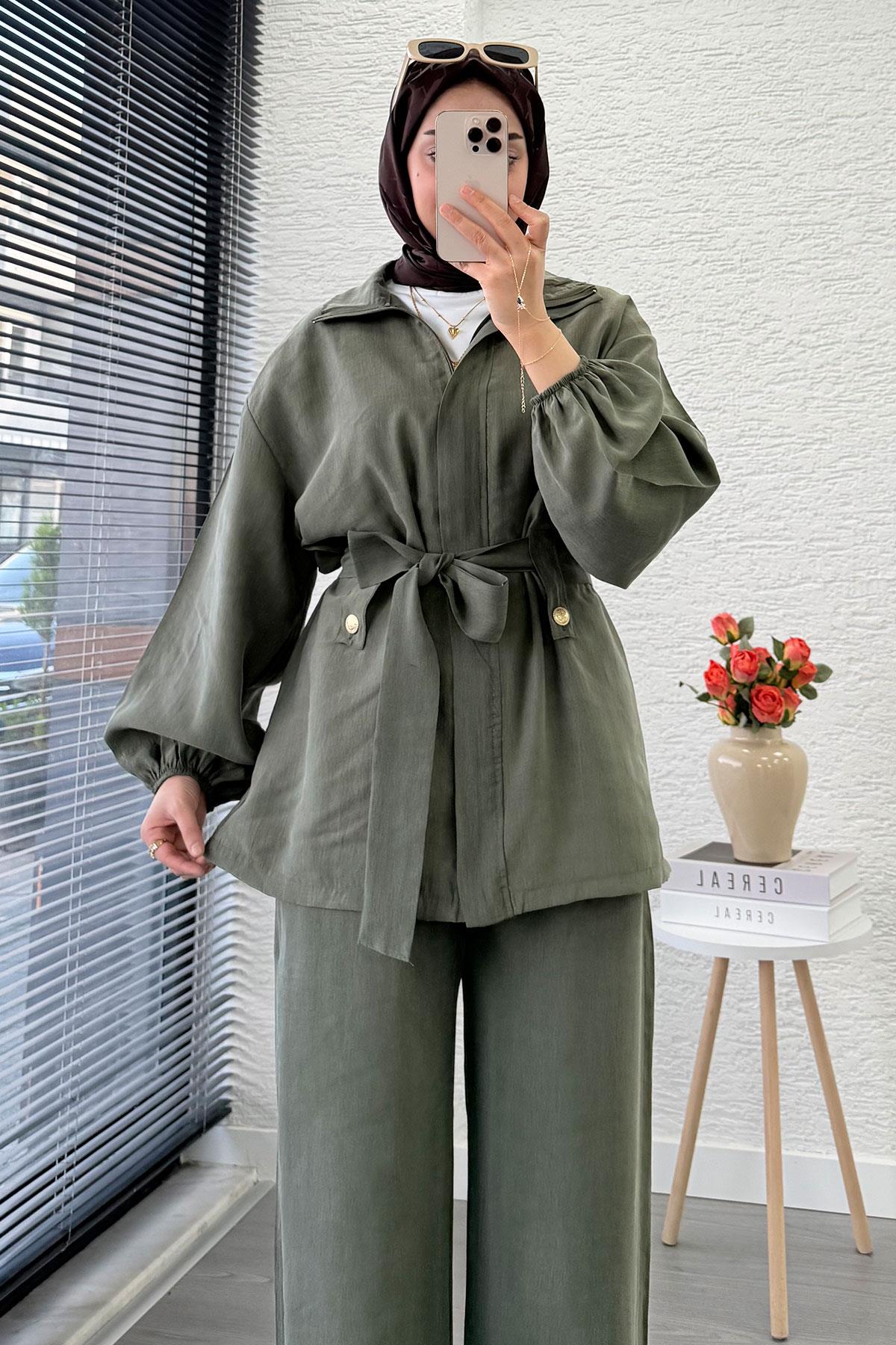 Önden Fermuarlı Hakim Yaka Kadın İkili Takım - Haki