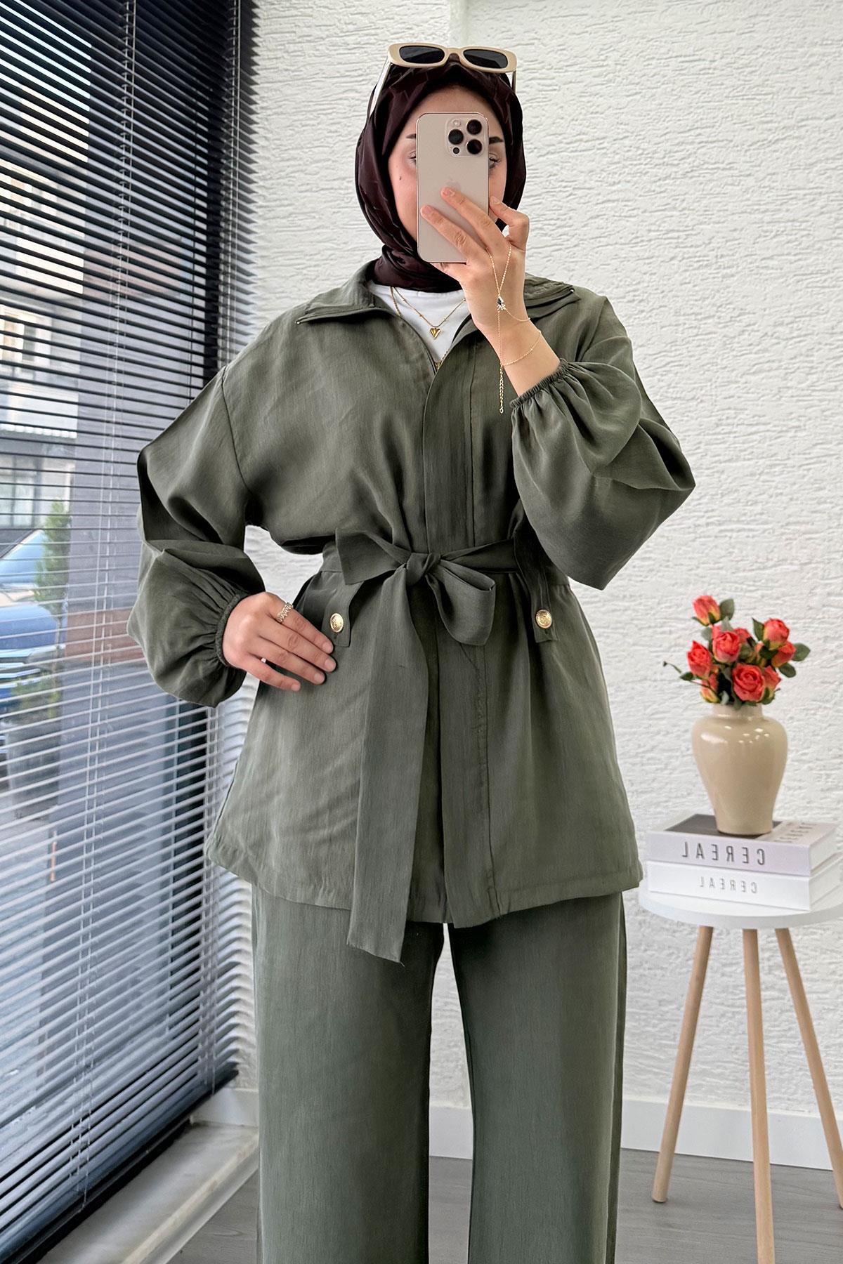 Önden Fermuarlı Hakim Yaka Kadın İkili Takım - Haki