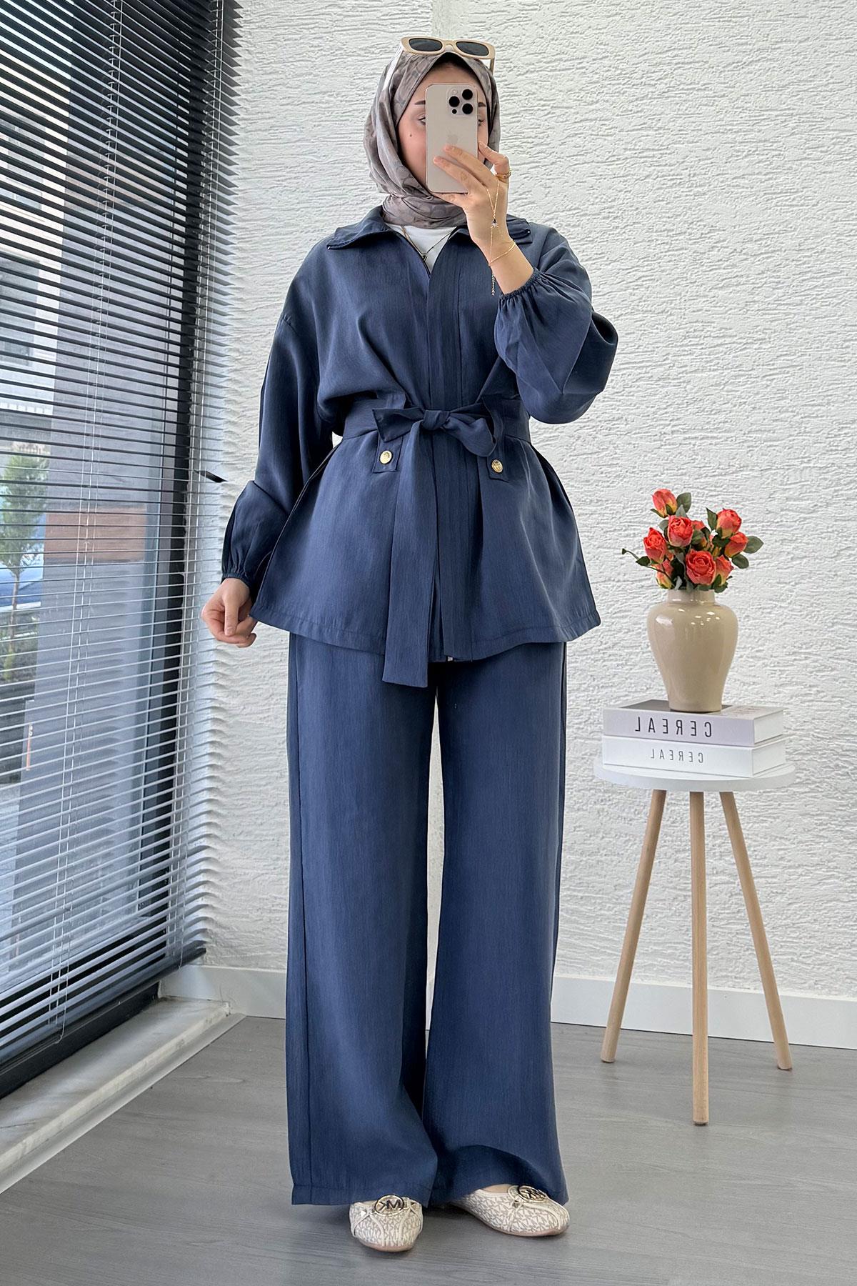 Önden Fermuarlı Hakim Yaka Kadın İkili Takım - İndigo