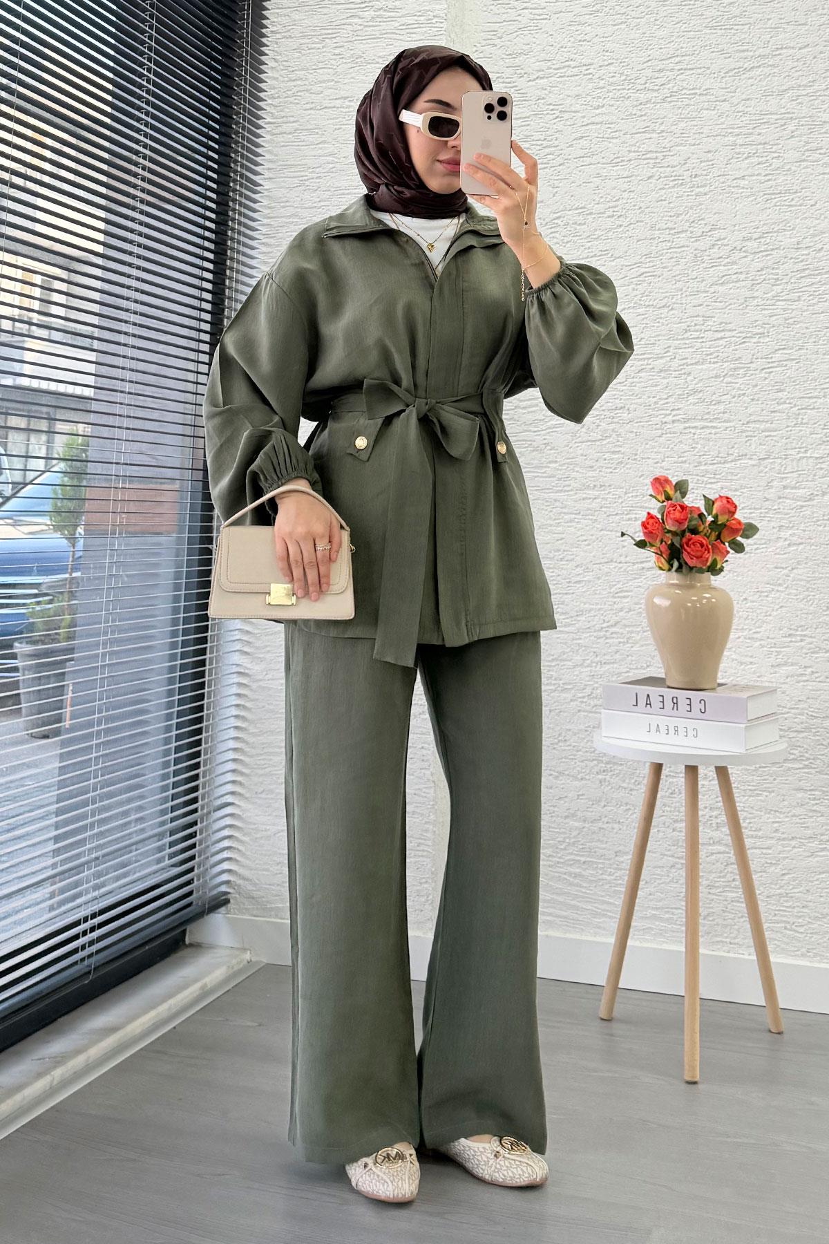 Önden Fermuarlı Hakim Yaka Kadın İkili Takım - Haki