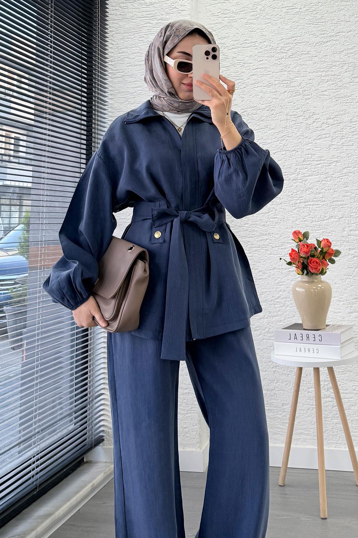Önden Fermuarlı Hakim Yaka Kadın İkili Takım - İndigo