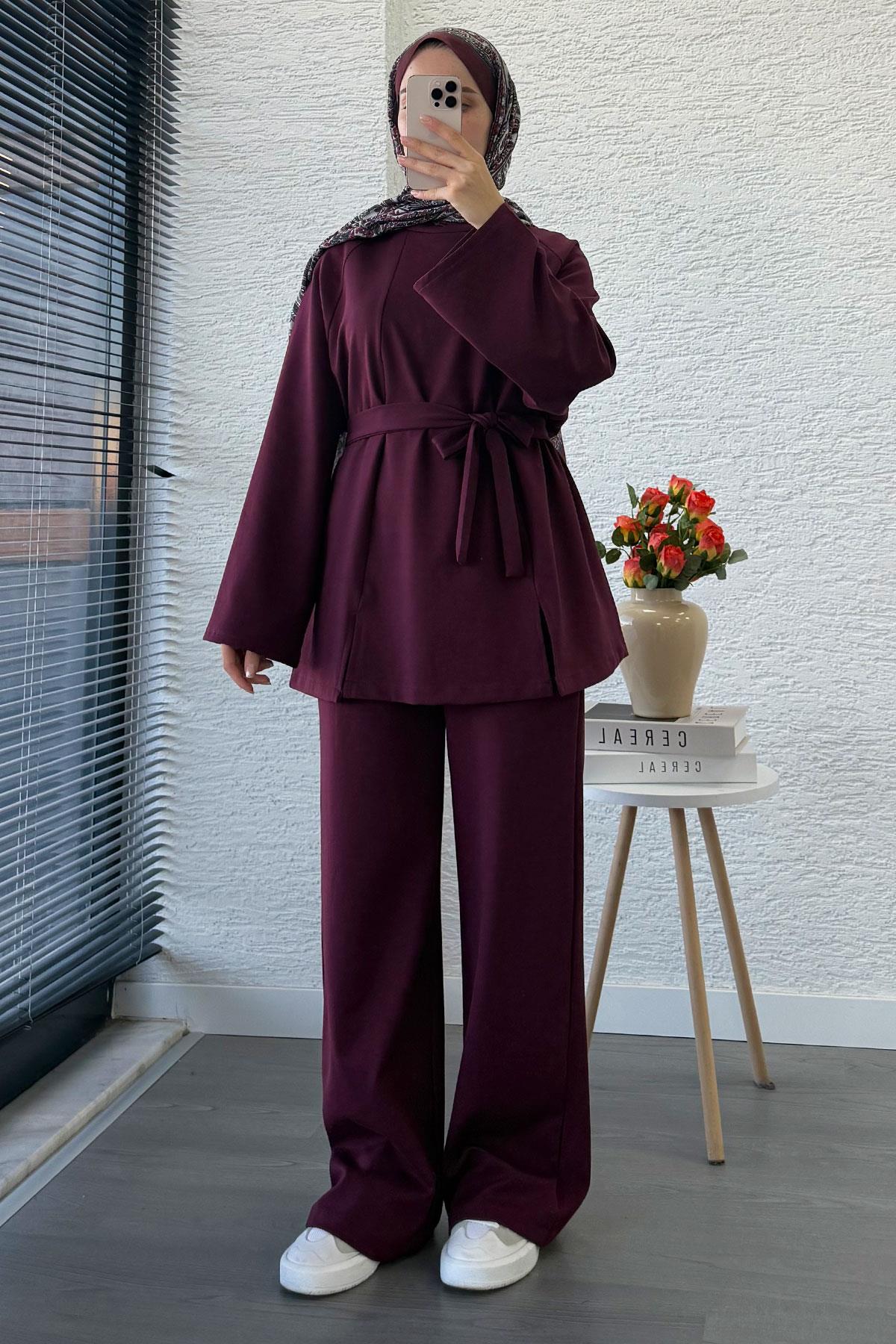 Önden Yırtmaç Detaylı İkili Takım - Mürdüm