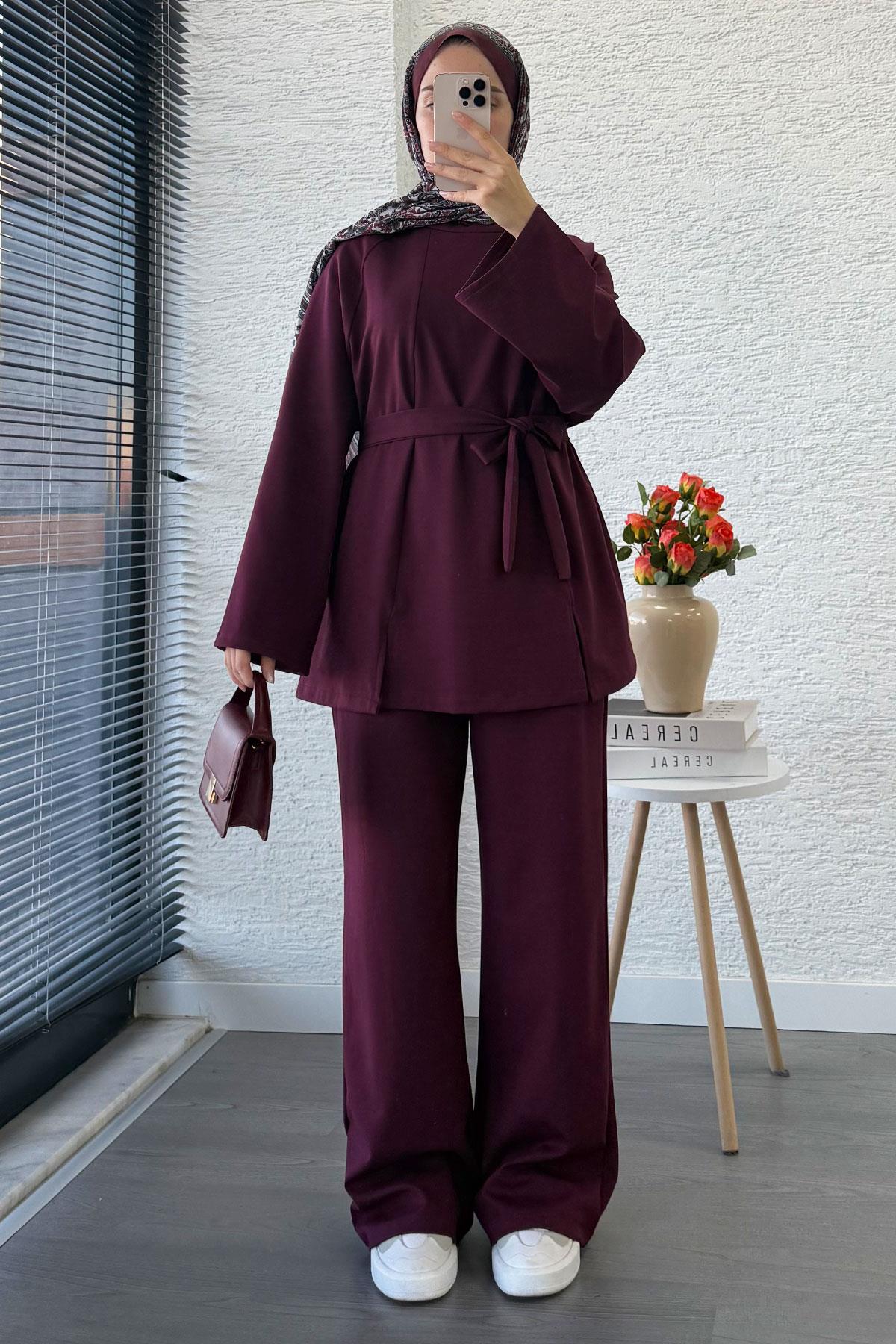 Önden Yırtmaç Detaylı İkili Takım - Mürdüm