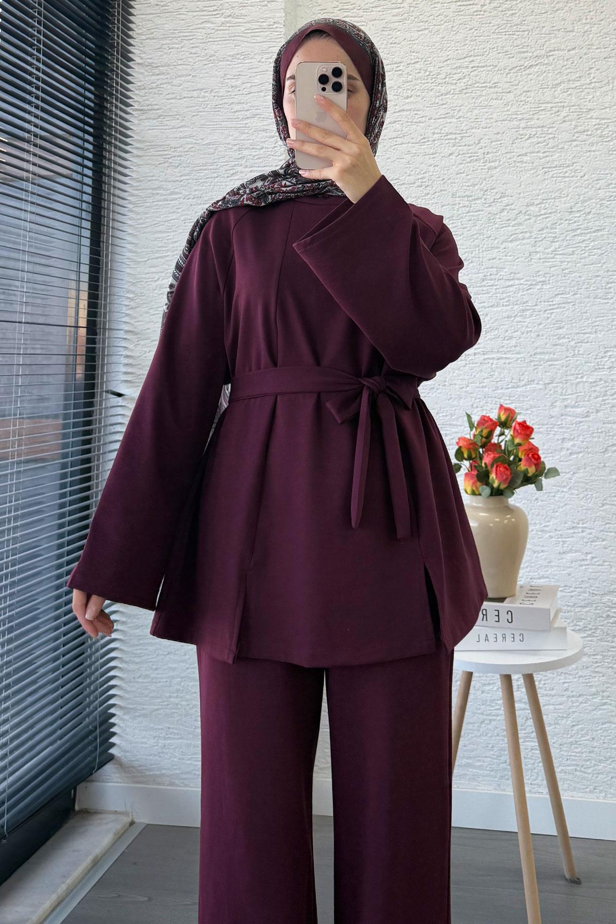 Önden Yırtmaç Detaylı İkili Takım - Mürdüm