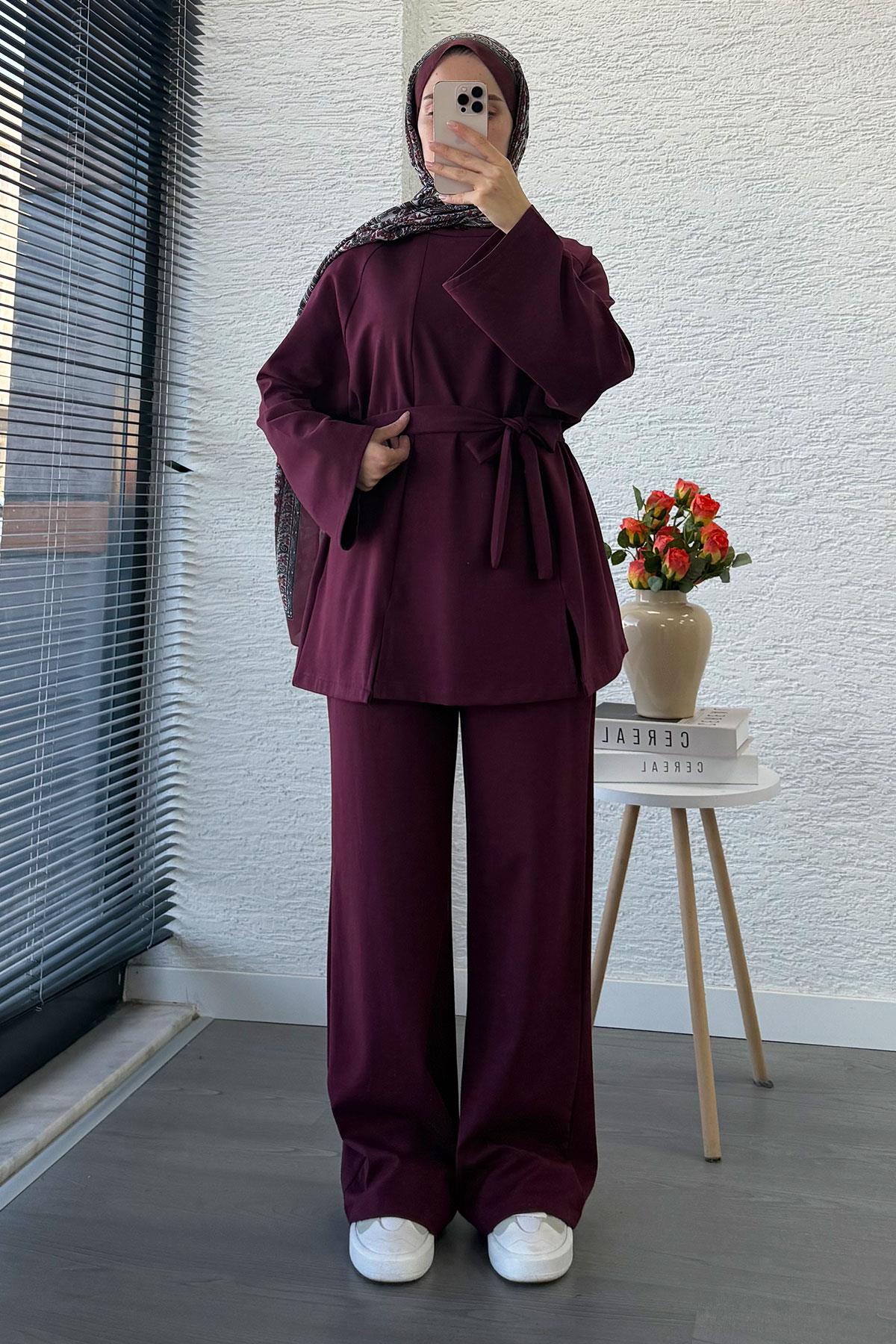 Önden Yırtmaç Detaylı İkili Takım - Mürdüm