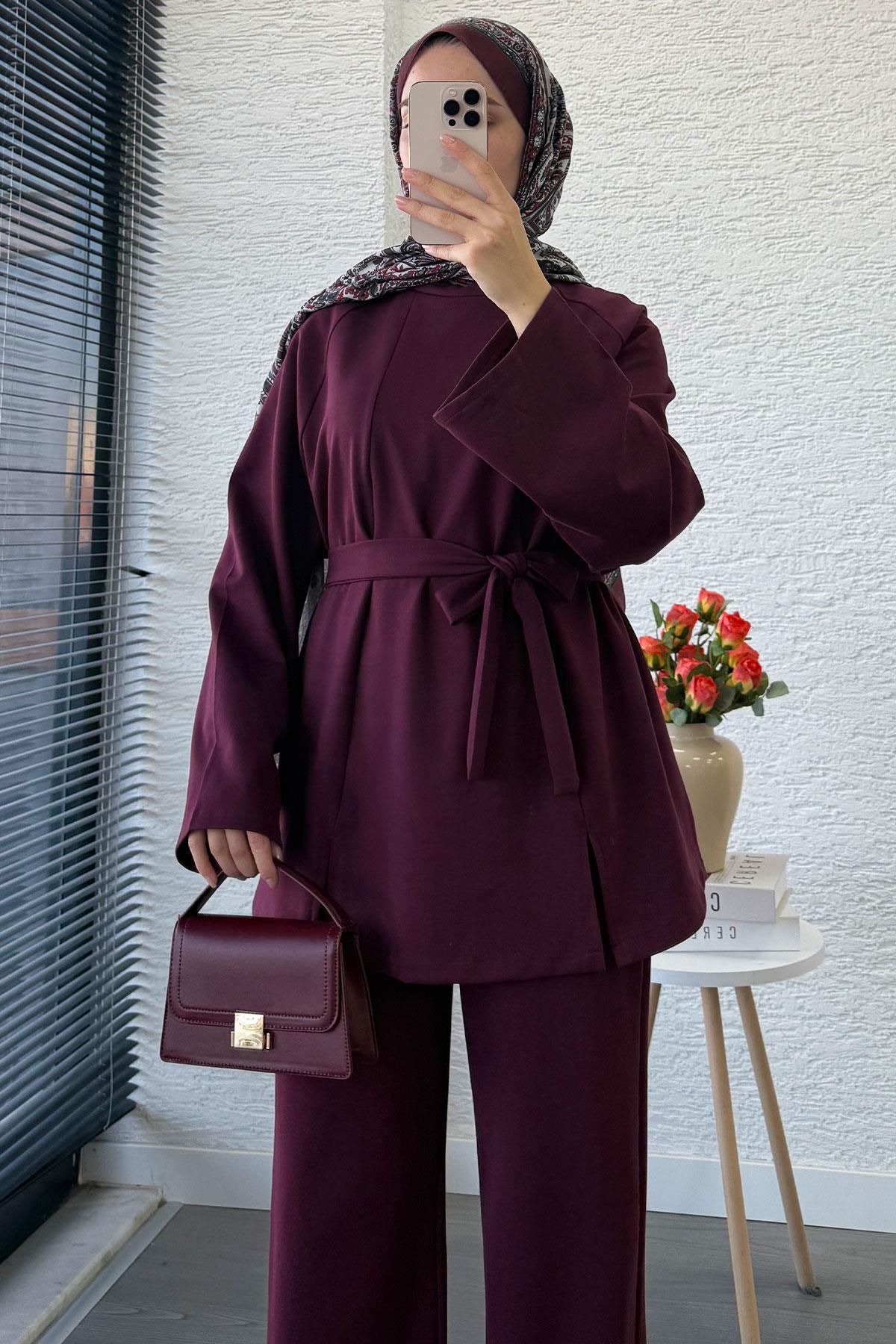 Önden Yırtmaç Detaylı İkili Takım - Mürdüm