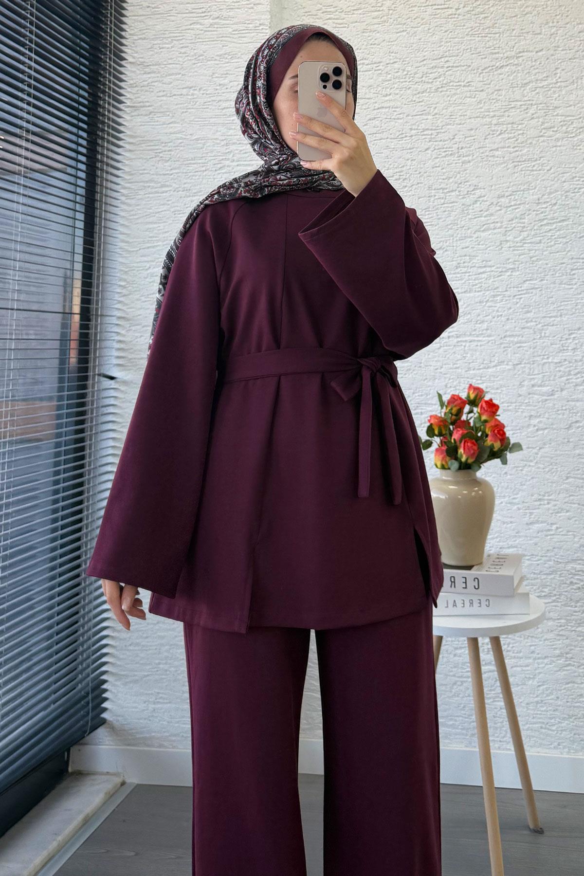 Önden Yırtmaç Detaylı İkili Takım - Mürdüm