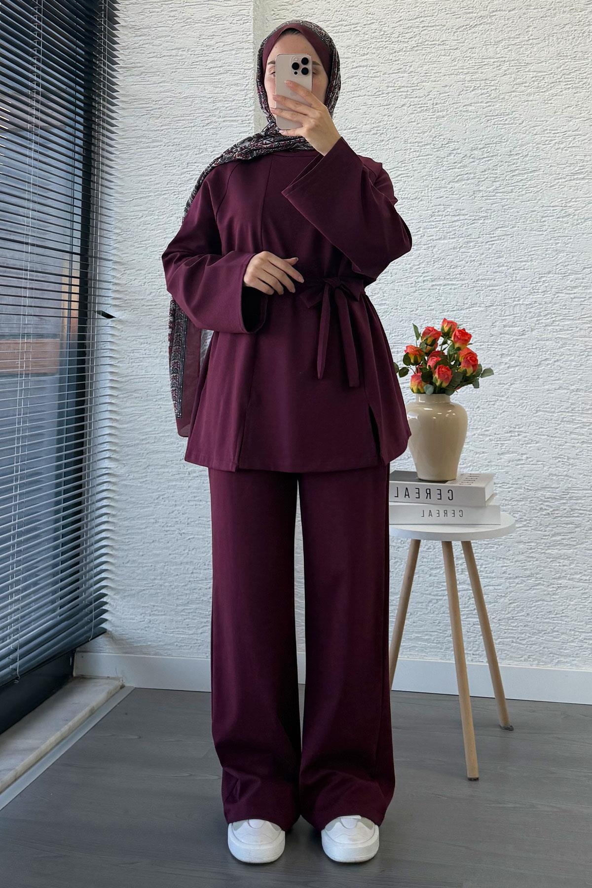 Önden Yırtmaç Detaylı İkili Takım - Mürdüm