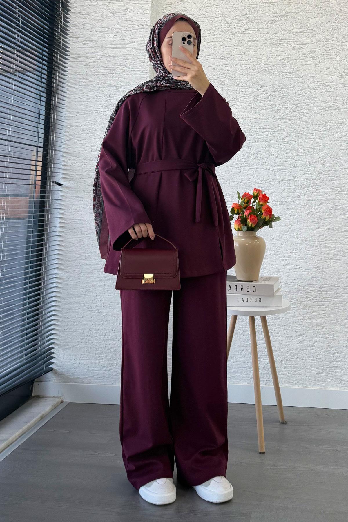 Önden Yırtmaç Detaylı İkili Takım - Mürdüm