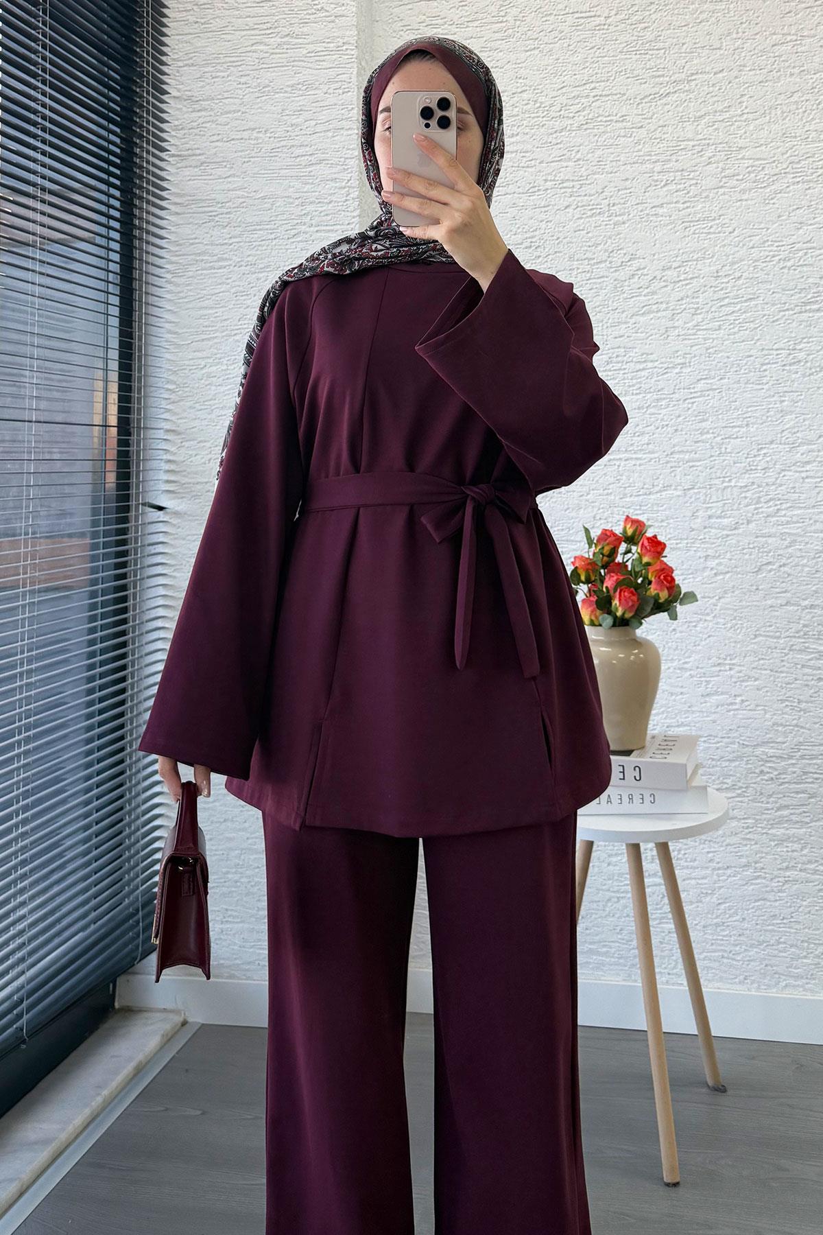 Önden Yırtmaç Detaylı İkili Takım - Mürdüm