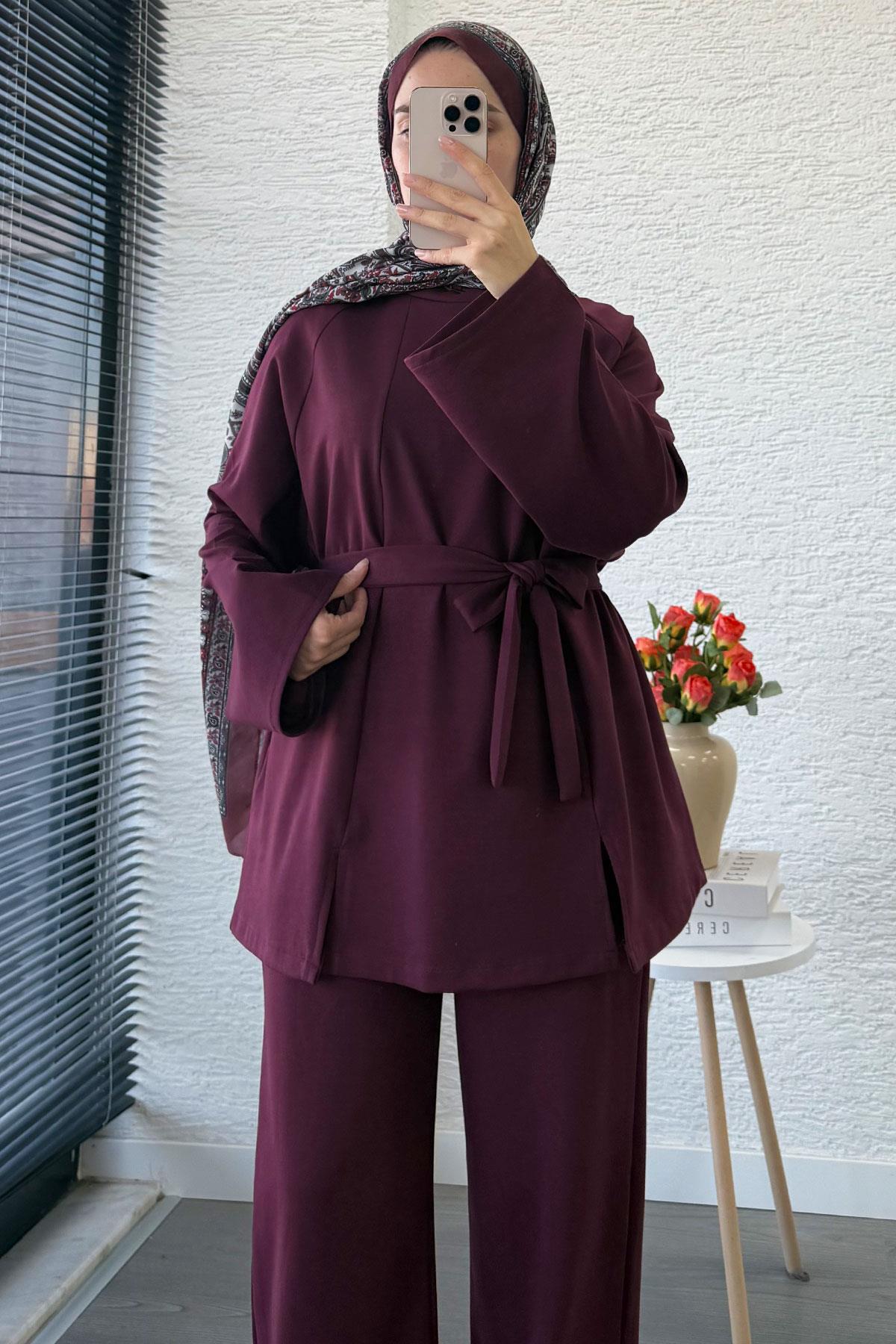 Önden Yırtmaç Detaylı İkili Takım - Mürdüm