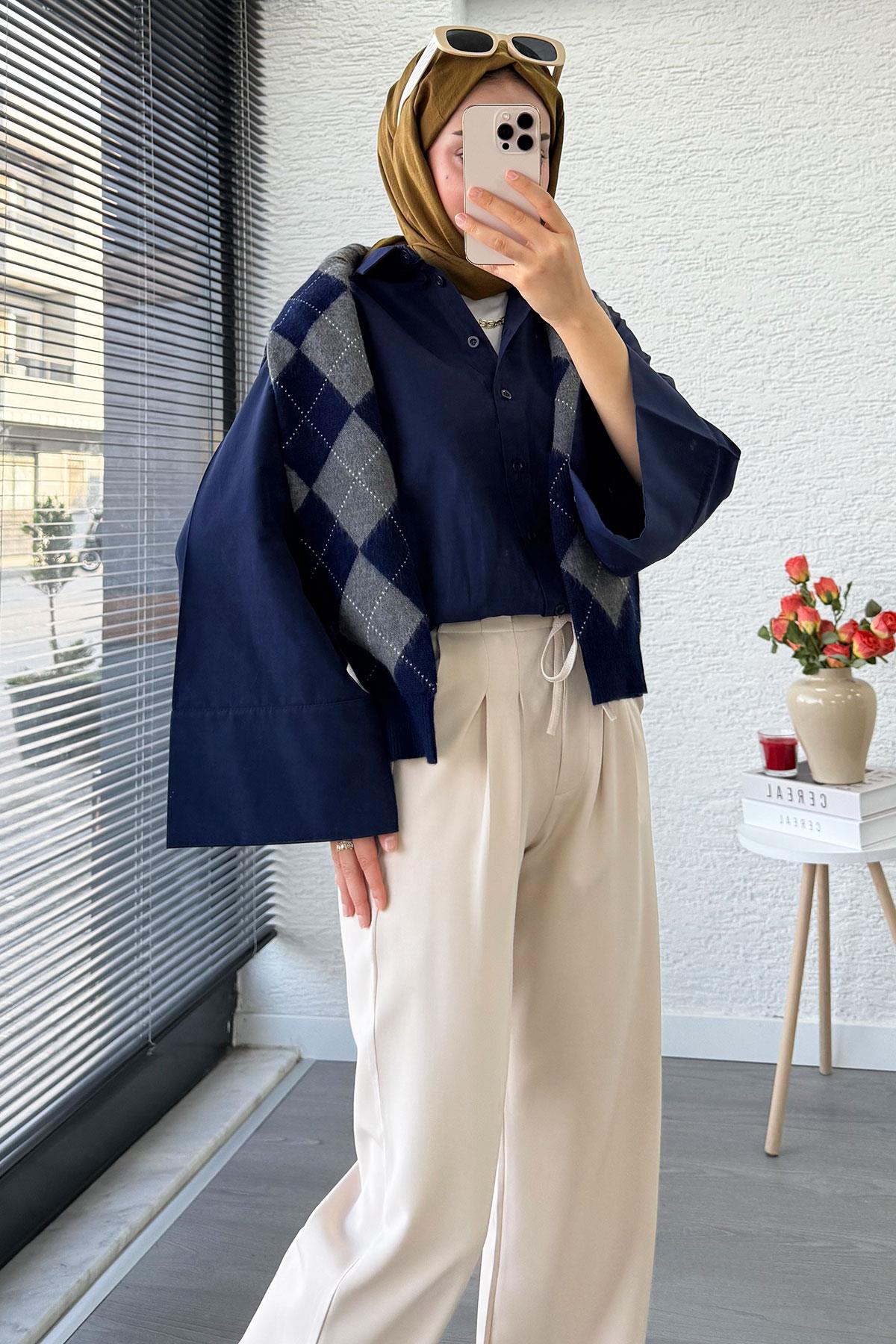 Önü Bağcıklı Yüksek Bel Palazzo Pantolon – Krem