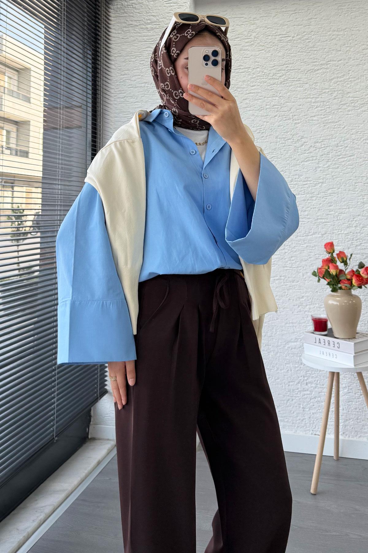 Önü Bağcıklı Yüksek Bel Palazzo Pantolon – Kahverengi